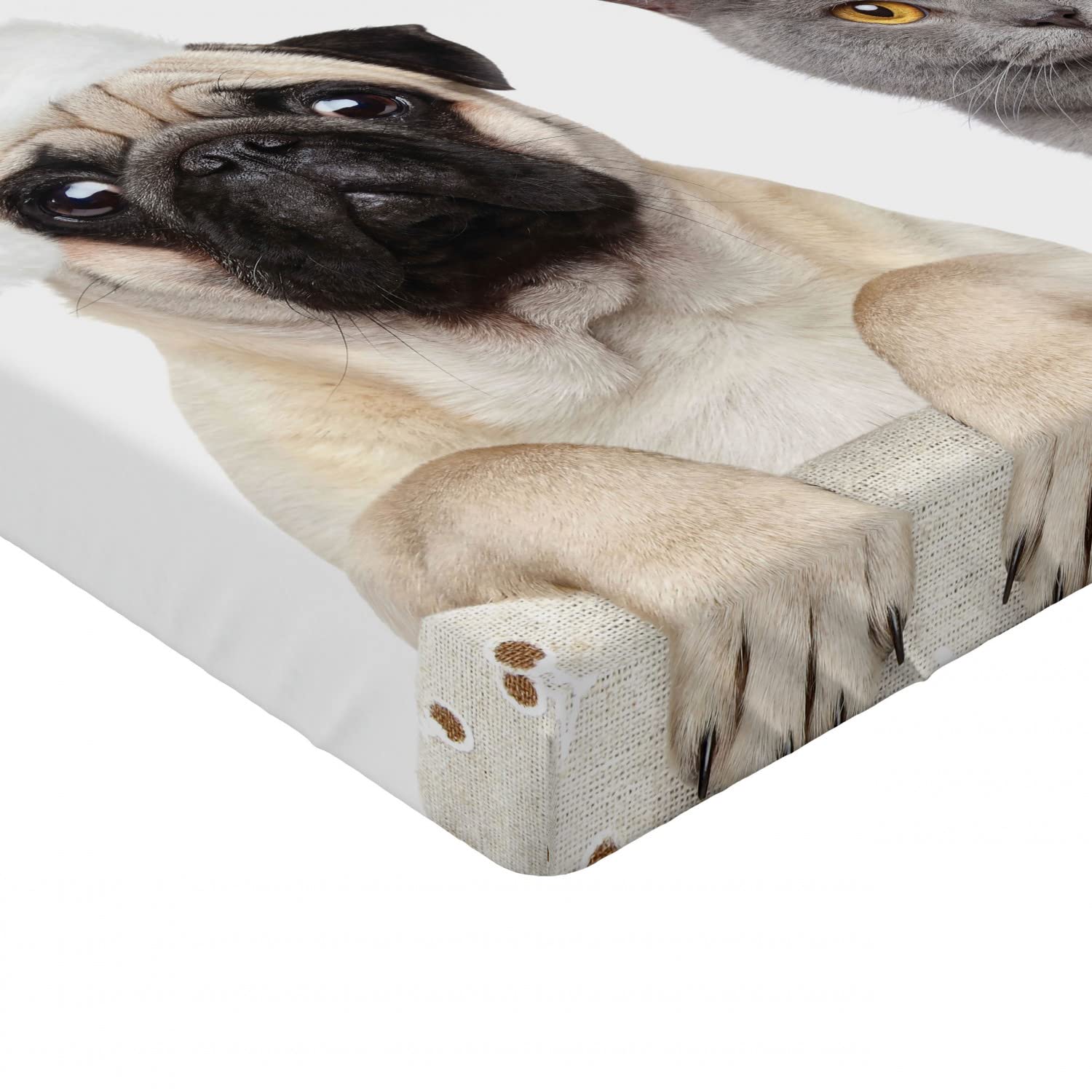 Ambesonne Pug Fitted Sheet, Christmas Dog & Cat Print, Twin XL, Grey Cream Red - Cozy Holiday Bedding