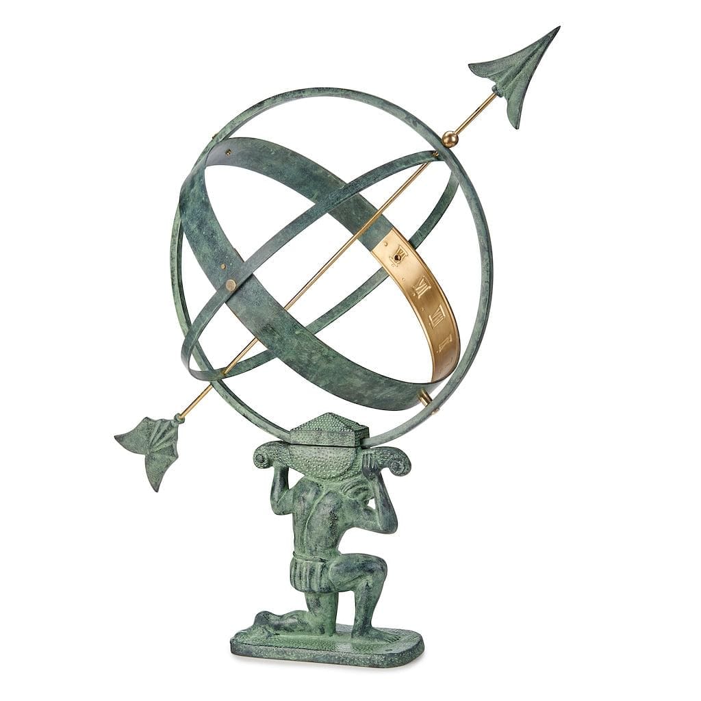 28 Inch Verdigris Atlas Armillary Sundial with Brass Accents – Outdoor Garden Decor, Patio & Yard Ornament for Classic Elegance