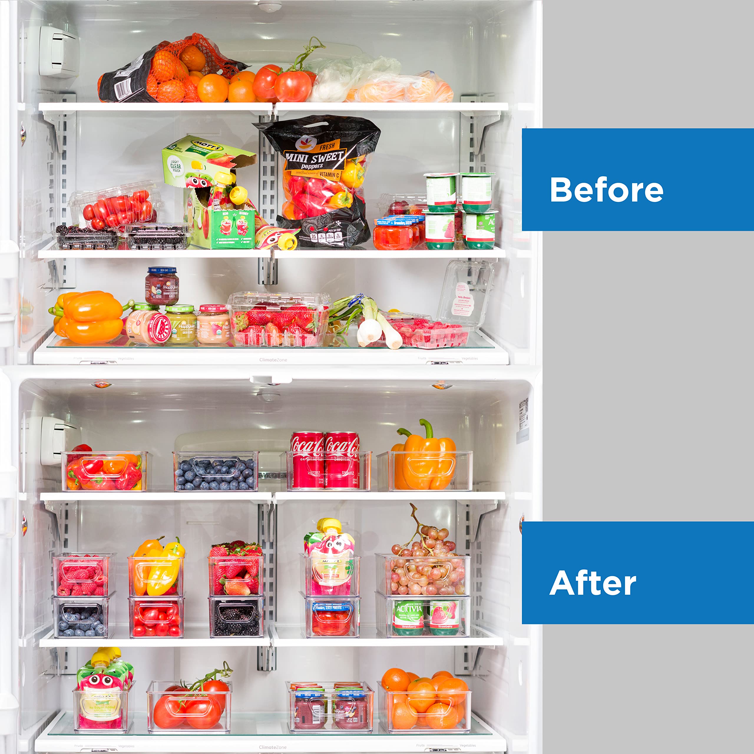 8-Pack Stackable Refrigerator Organizer Bins with Handles - Clear Plastic Food Storage Containers for Fridge, Freezer, Pantry & Kitchen Cabinets - Perfect for Organizing Fruits, Vegetables, Snacks and Leftovers