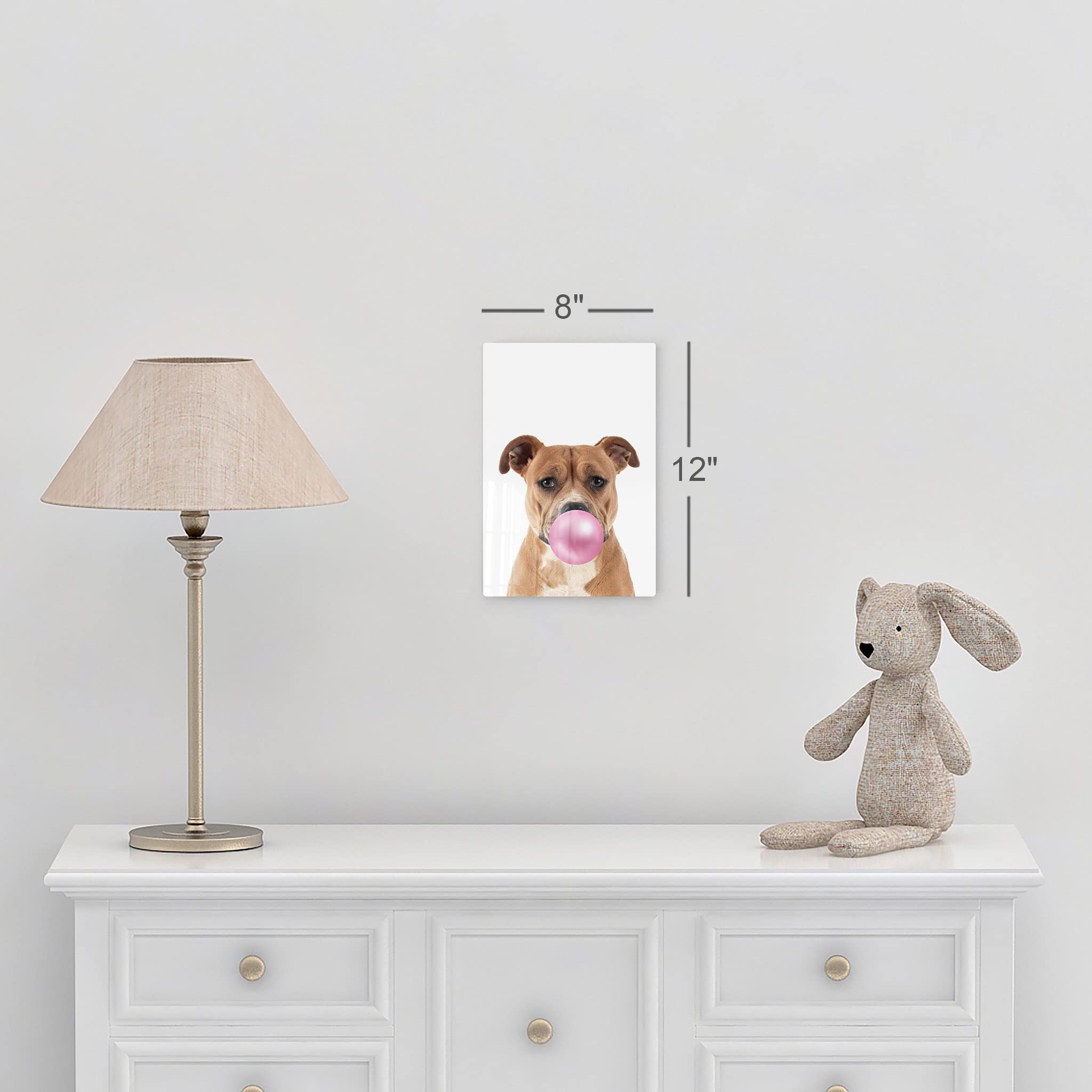 Staffordshire Bull Terrier Chewing Pink Bubble Gum Metal Wall Art Print - 36x24 - Pet Lover Gift, Dog Pop Art Decor for Office, Living Room, Bedroom, Nursery & Kids Room - Unique Animal Themed Home Decor for Dog Owners & Animal Enthusiasts