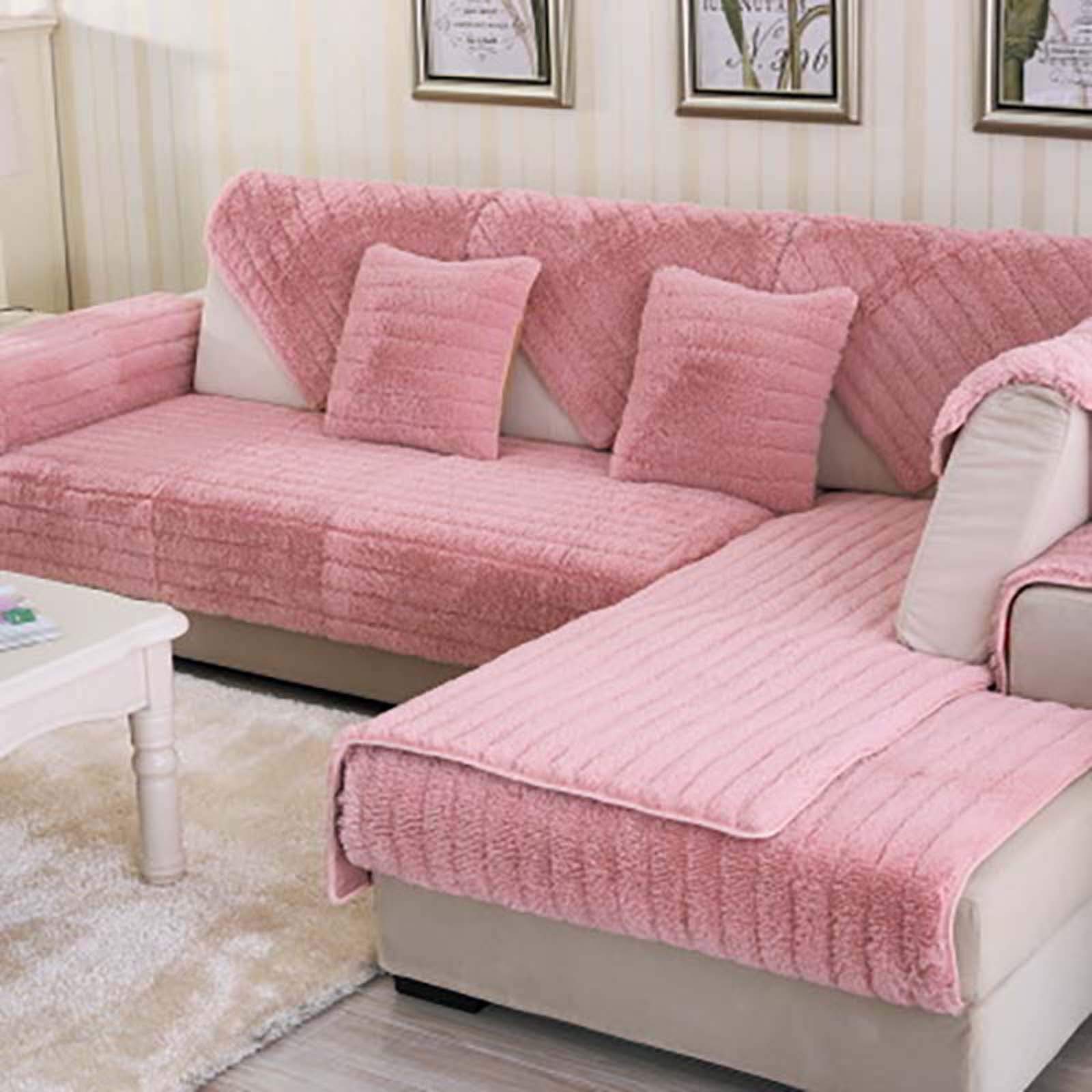 ZYFAB Velvet Plush Sectional Sofa Cover - Anti-Slip Furniture Protector for Pets & Kids (Pink, 90x180cm/35x71inch) - Perfect for Living Room, Family Room & Pet-Friendly Homes