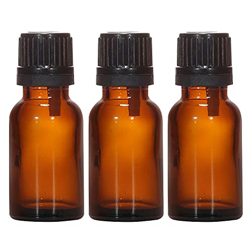 NSB Herbals 15ml Amber Round Empty Glass Bottle with Euro Dropper & Black Cap - Refillable, Reusable, Leak Proof Essential Oil Bottles for DIY Perfumes, Face Oils & Aromatherapy Blends (Pack of 3) - Perfect for Travel, Home Use & Gift Packaging