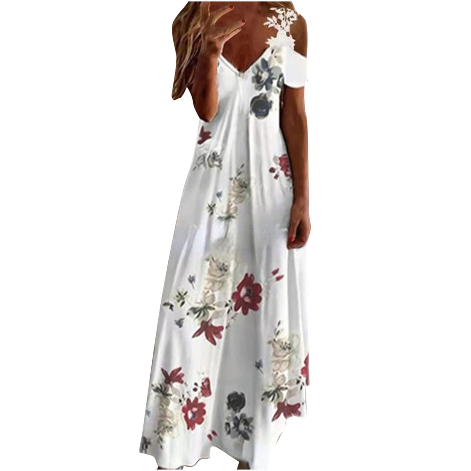 Women's Floral Maxi Dress - Sexy V-Neck Lace Strap Cold Shoulder Sundress for Beach Vacation & Summer Outings