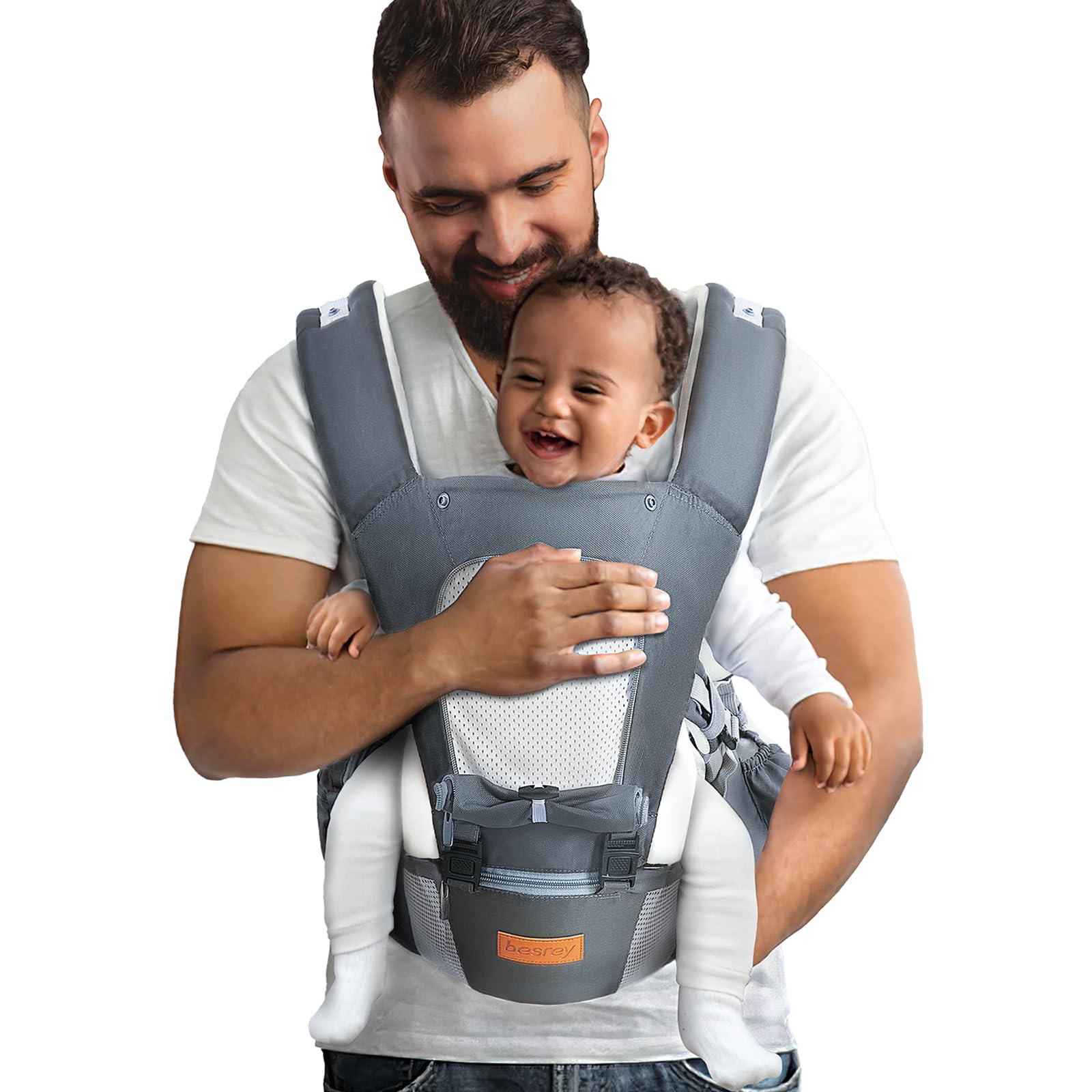 Besrey Ergonomic Baby Carrier - Front Facing & Hip Seat Hybrid for Infants & Toddlers | Breathable Mesh Design for Dad & Mom | Comfortable Kangaroo Wrap Carrier for Hiking, Shopping & Travel