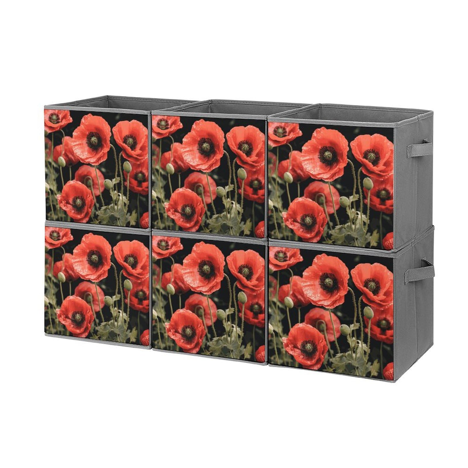 6-Piece Collapsible Storage Bins with Handles - Red Poppy Flower & Leaf Print, Foldable Organizing Baskets for Home, Office, Closet & Shelves | Space-Saving Storage Solutions for Toys, Books & Household Items