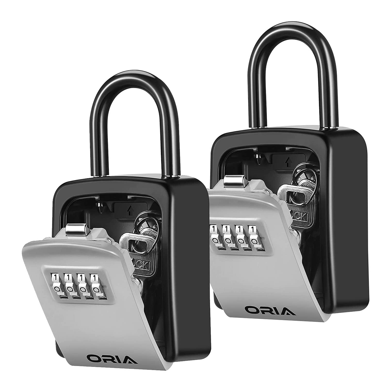 ORIA Key Lock Box with Combination - Weatherproof Outdoor Key Storage for House, Hotel, Car - Secure Key Holder with Shackle - BlackSilver (2-Pack) | Perfect for Vacation Rentals, Airbnb Hosts & Property Management