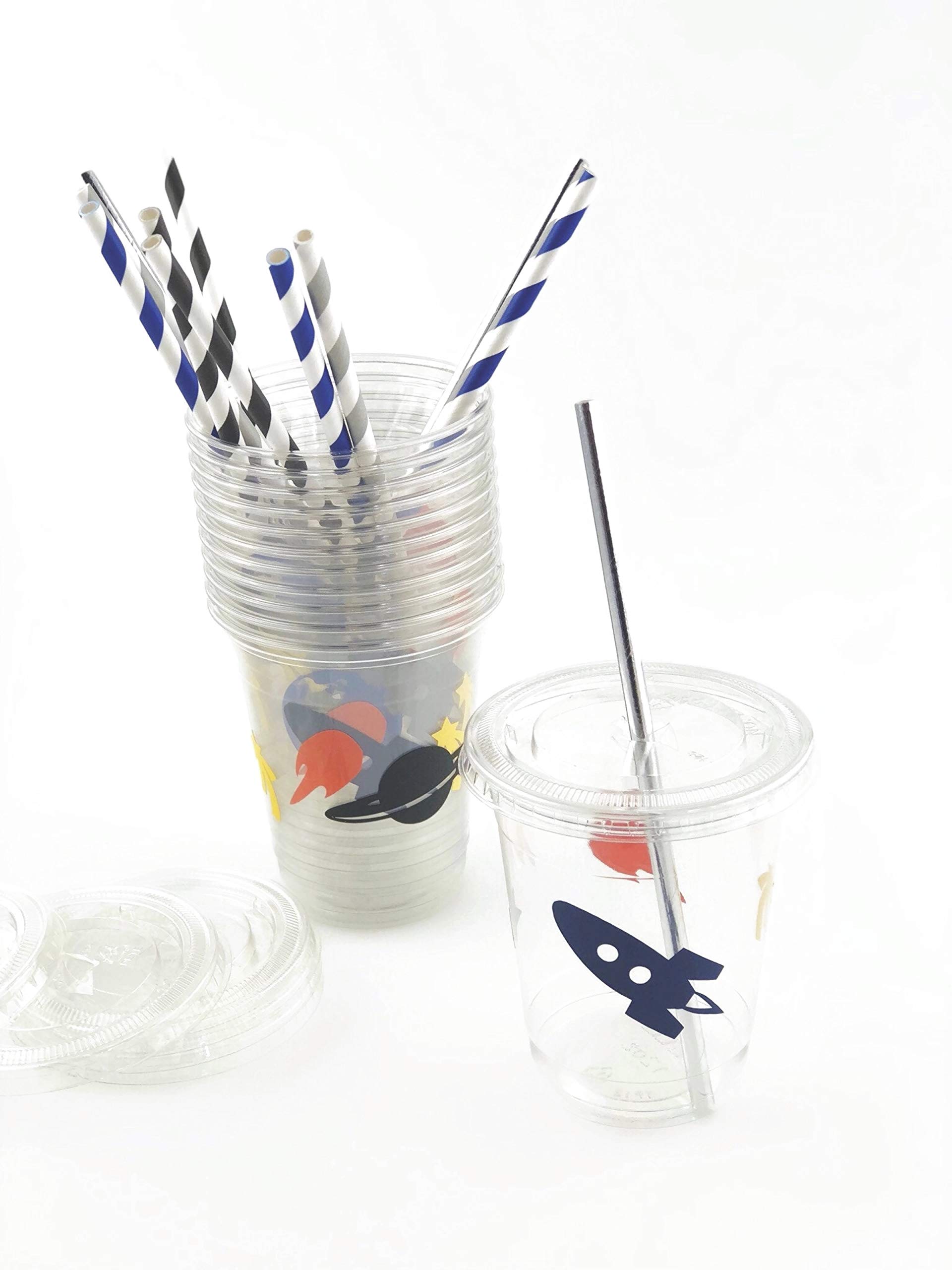 Galaxy Rocket Space Themed Disposable Cups with Lids & Straws - 12 Pack for Birthday Parties, Baby Showers, and Cosmic Events