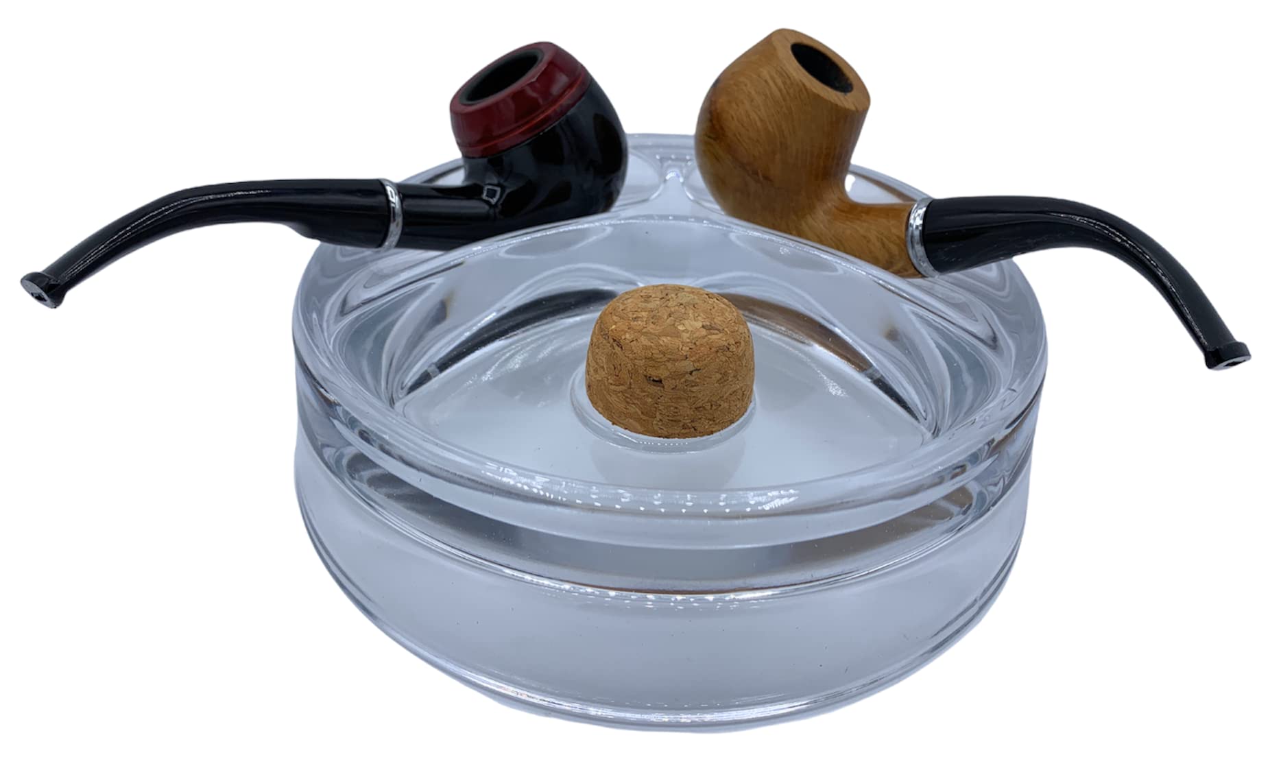 Premium Heavy Glass Tobacco Pipe Ashtray with Cork Knocker & 2 Pipe Stands - 6.5