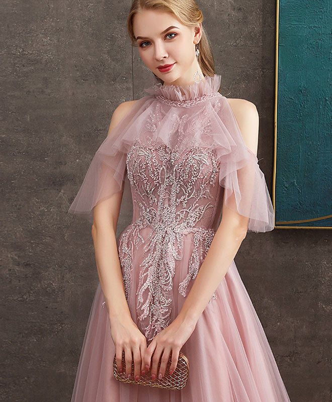 Elegant Pink Tulle Lace Long Prom Dress with Beading - Formal Graduation Gown for Homecoming, Quinceañera & Special Occasions