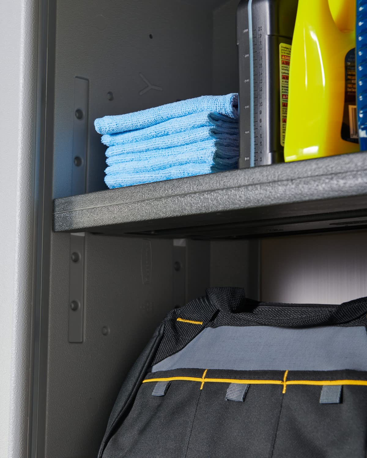 Rubbermaid Heavy Duty Wall Mounted Storage Cabinet - 150 lb Capacity, Lockable Gray 3-Shelf Organizer for Tools, Car Accessories & Cleaning Supplies | Perfect for Garage, Home & Outdoor Storage Organization