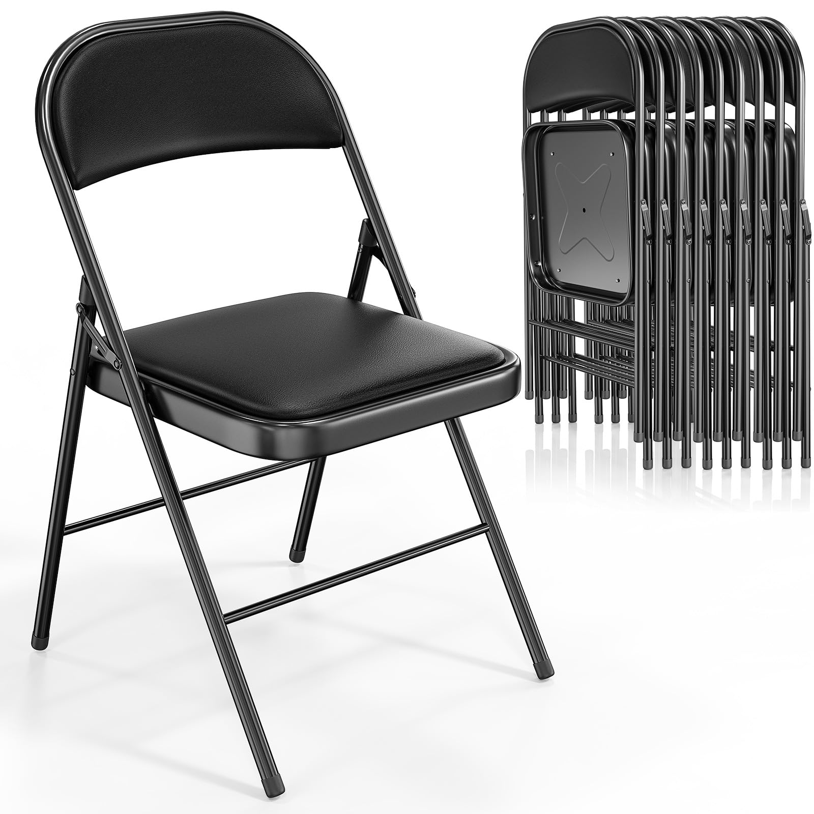 VINGLI 10 Pack Heavy Duty Folding Chairs with Padded Seats - 350 lbs Capacity Metal Frame PU Leather Chairs for Indoor Outdoor Events, Weddings, Parties, and Camping - Black