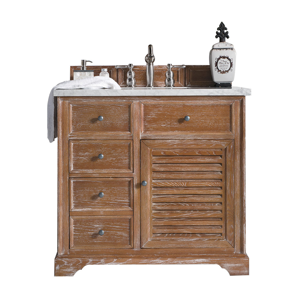 Savannah 36 Inch Single Vanity Cabinet in Driftwood Finish with 3CM Eternal Jasmine Pearl Quartz Countertop - Perfect for Bathroom Makeover, Modern Home Decor & Spa-Style Retreats