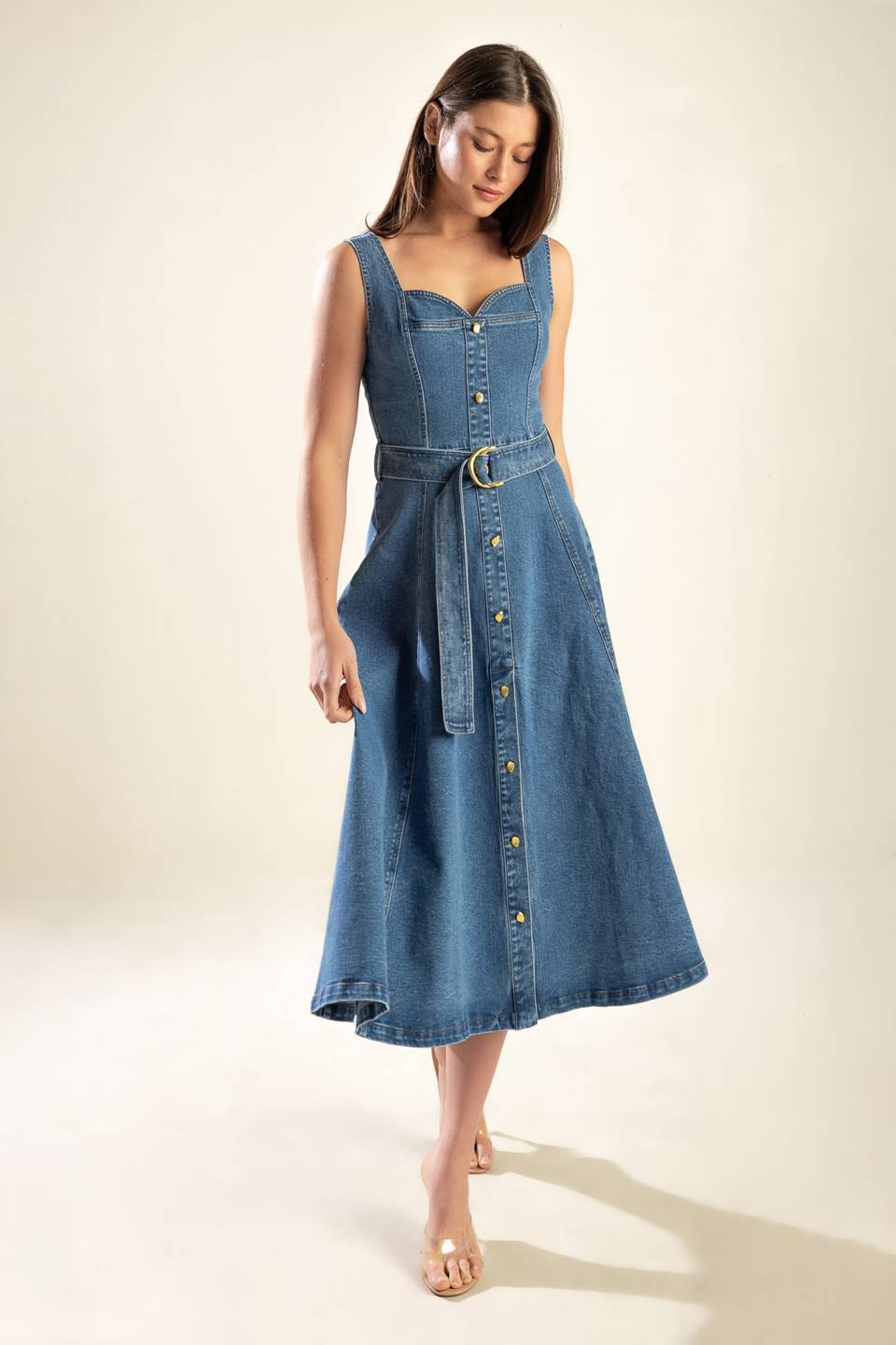 FRIDAY FEELS Sweetheart Denim Midi Dress - Women's Vintage Inspired Blue Jean Dress for Date Night & Casual Outings