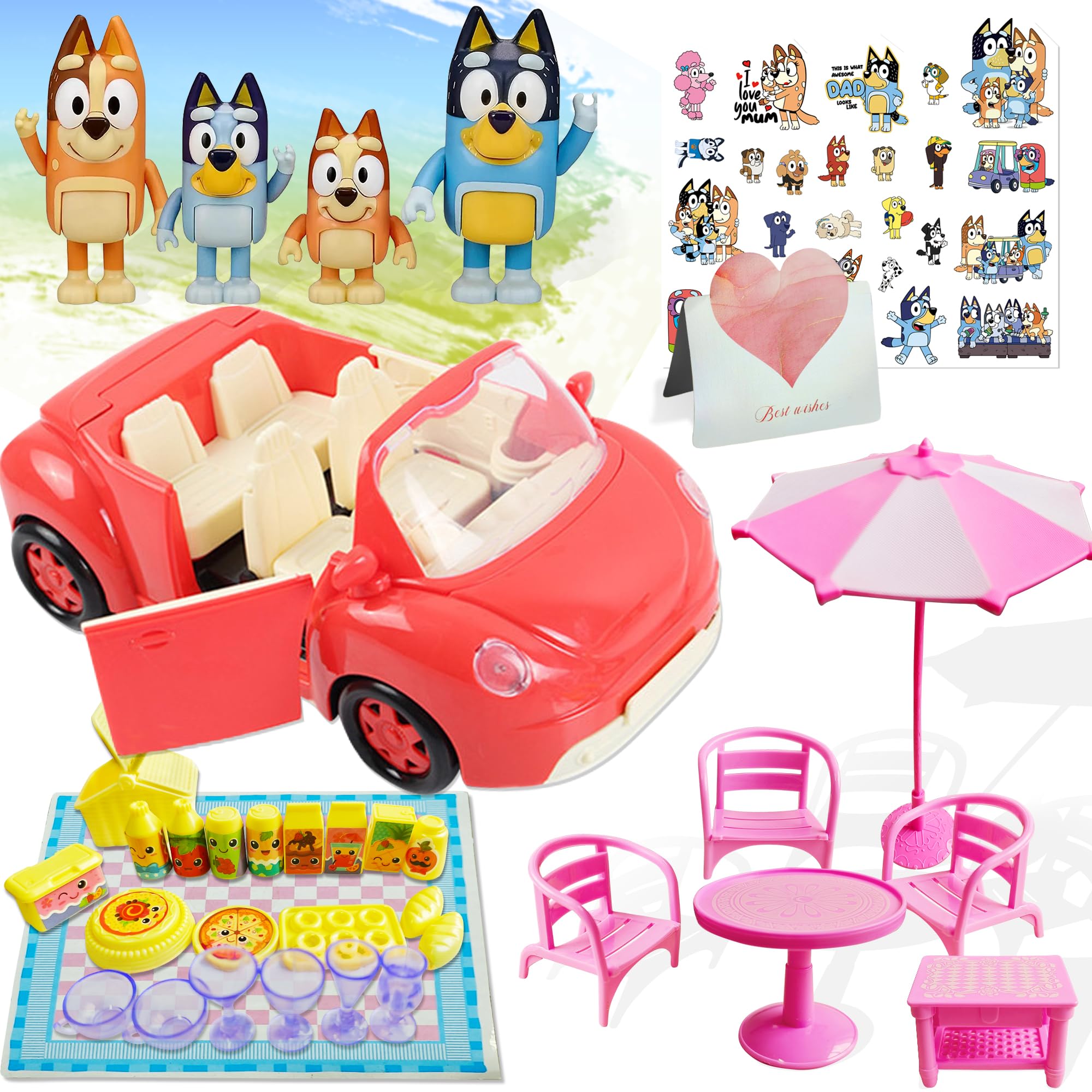 Bluey Kids Toy Car Set with 4 Family Figures, 22-Piece Picnic Accessories, Outdoor Sunshade & Play Table - Perfect Easter Gift for 3-6 Year Olds | Toddler Pretend Play, Birthday Presents & Indoor/Outdoor Activities
