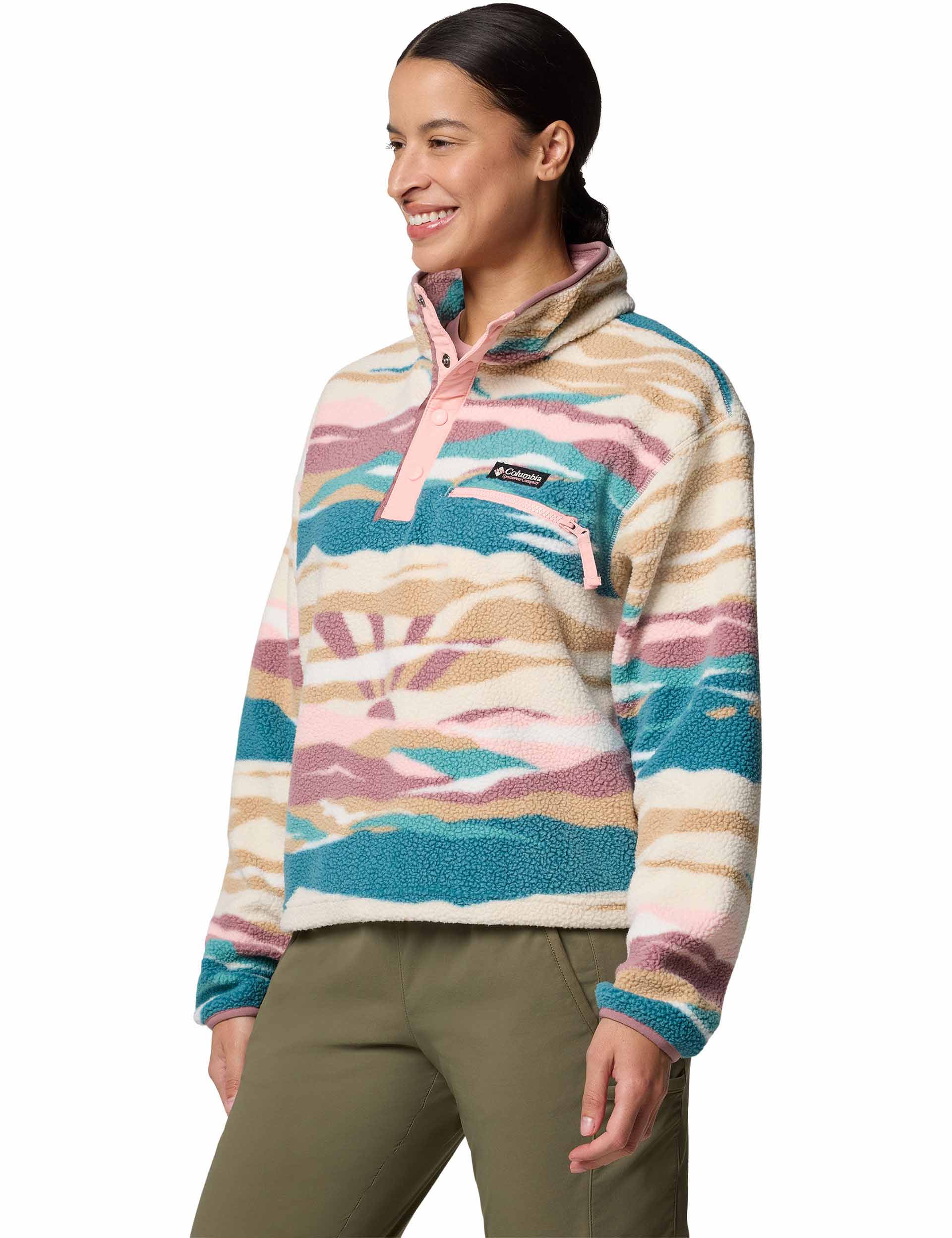 Helvetia II Cropped Sherpa Fleece Jacket - Half Snap Front, Printed Design in River Blue - Cozy Winter Outerwear for Women | Perfect for Hiking, Camping & Casual Outfits