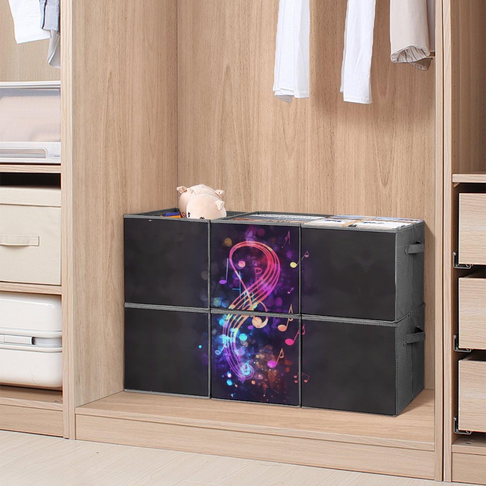 6-Pack Colorful Galaxy Music Note Collapsible Storage Bins with Handles - Large Closet Organizer, Clothing Storage Boxes for Bedroom, Kids Room & Office Organization