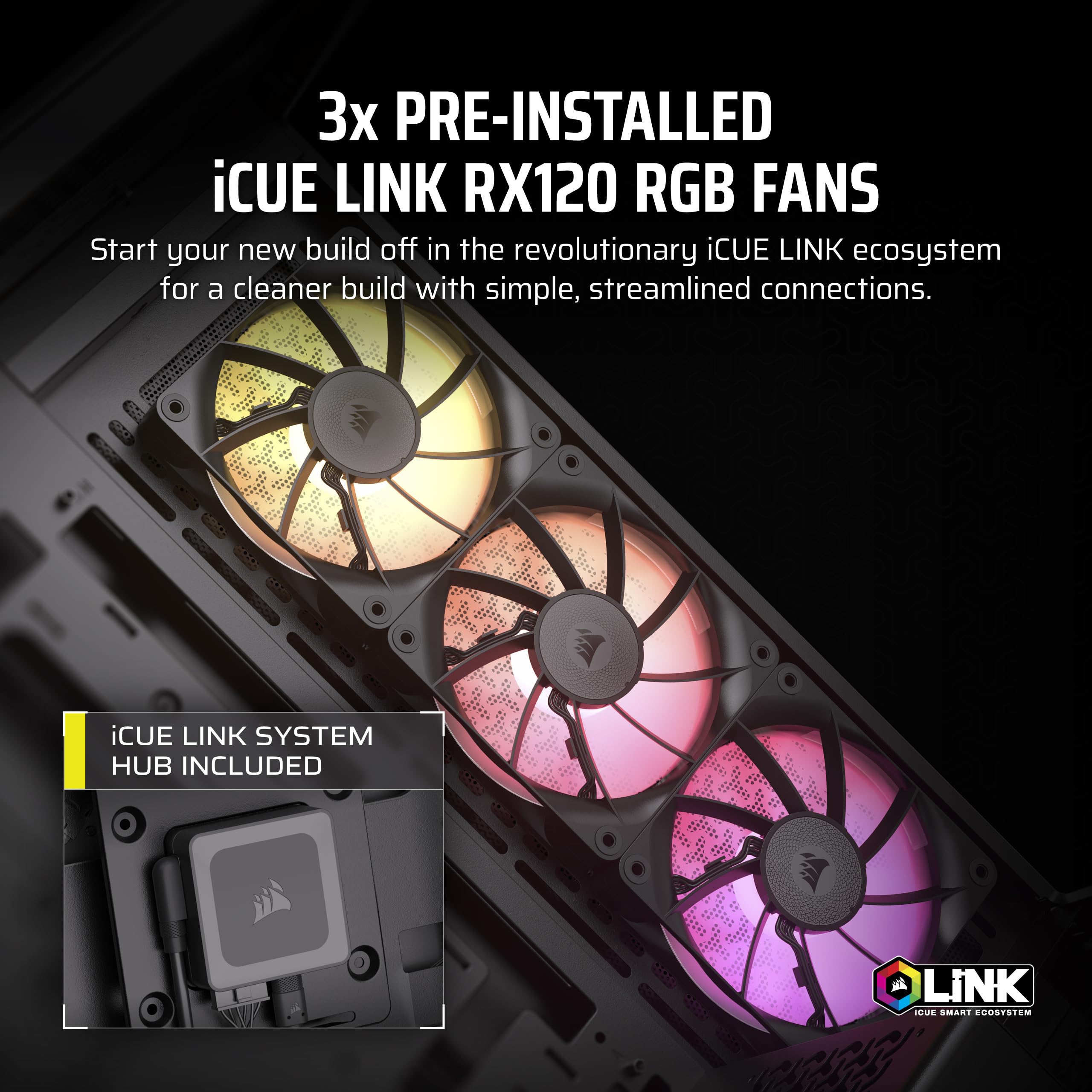 CORSAIR iCUE Link 3500X RGB Mid-Tower ATX PC Case - Panoramic Tempered Glass Panel - Reverse Connector Motherboard Compatibility - Includes 3 CORSAIR iCUE Link RX120 RGB Fans - Black - Perfect for Gaming PC Builds & Custom RGB Setups