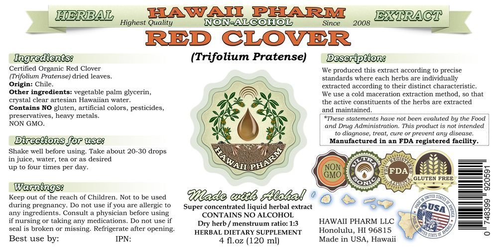 Organic Red Clover Alcohol-Free Liquid Extract (Trifolium Pratense) | Natural Herbal Supplement by Hawaii Pharm | 64 fl.oz | Supports Women's Health, Detox & Skin Care | Made in USA