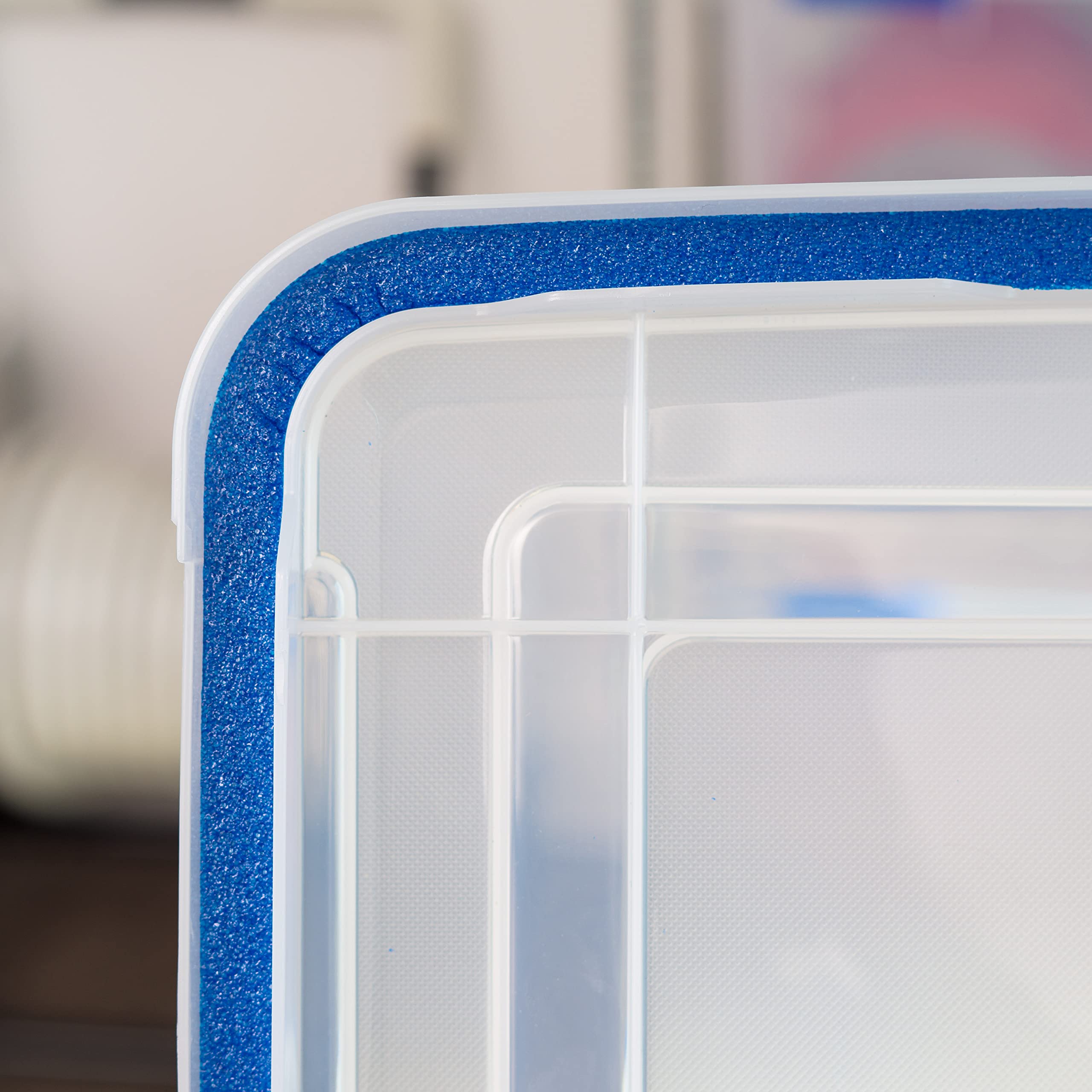 IRIS USA WeatherPro 74 Qt Storage Bins with Lids, 3-Pack BPA-Free Plastic Gasket Box - Airtight Latch & Seal, Stackable & Nestable Tote Tubs for Home Organization (Clear/Blue) - Perfect for Pantry, Garage, Closet & Seasonal Storage