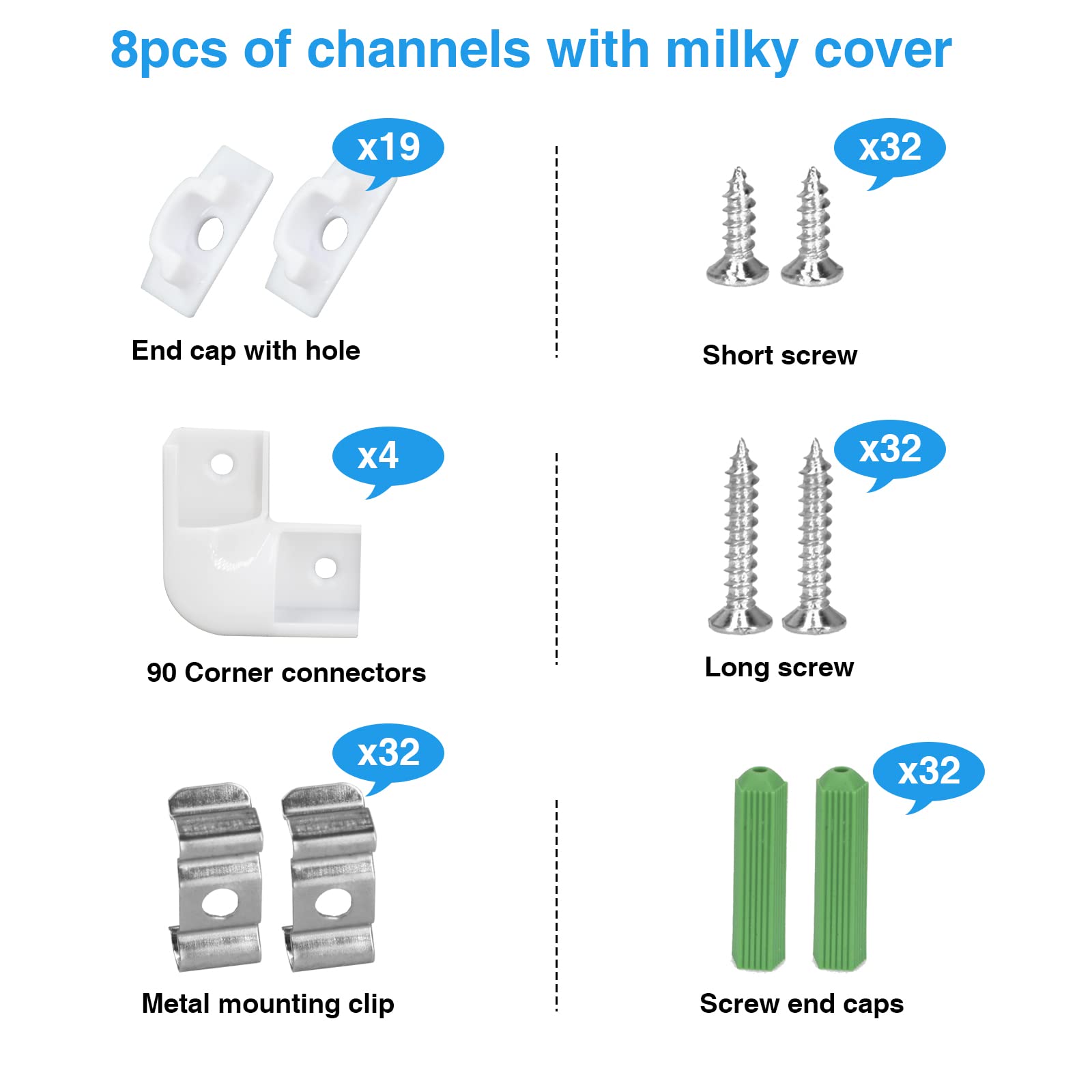 SENXINGYAN 8x1M LED Aluminum V-Shape Channel with Milky White Diffuser Cover, End Caps & Metal Mounting Clips - Silver (8×1M-U) - Perfect for Home, Office, and Commercial LED Strip Light Installation
