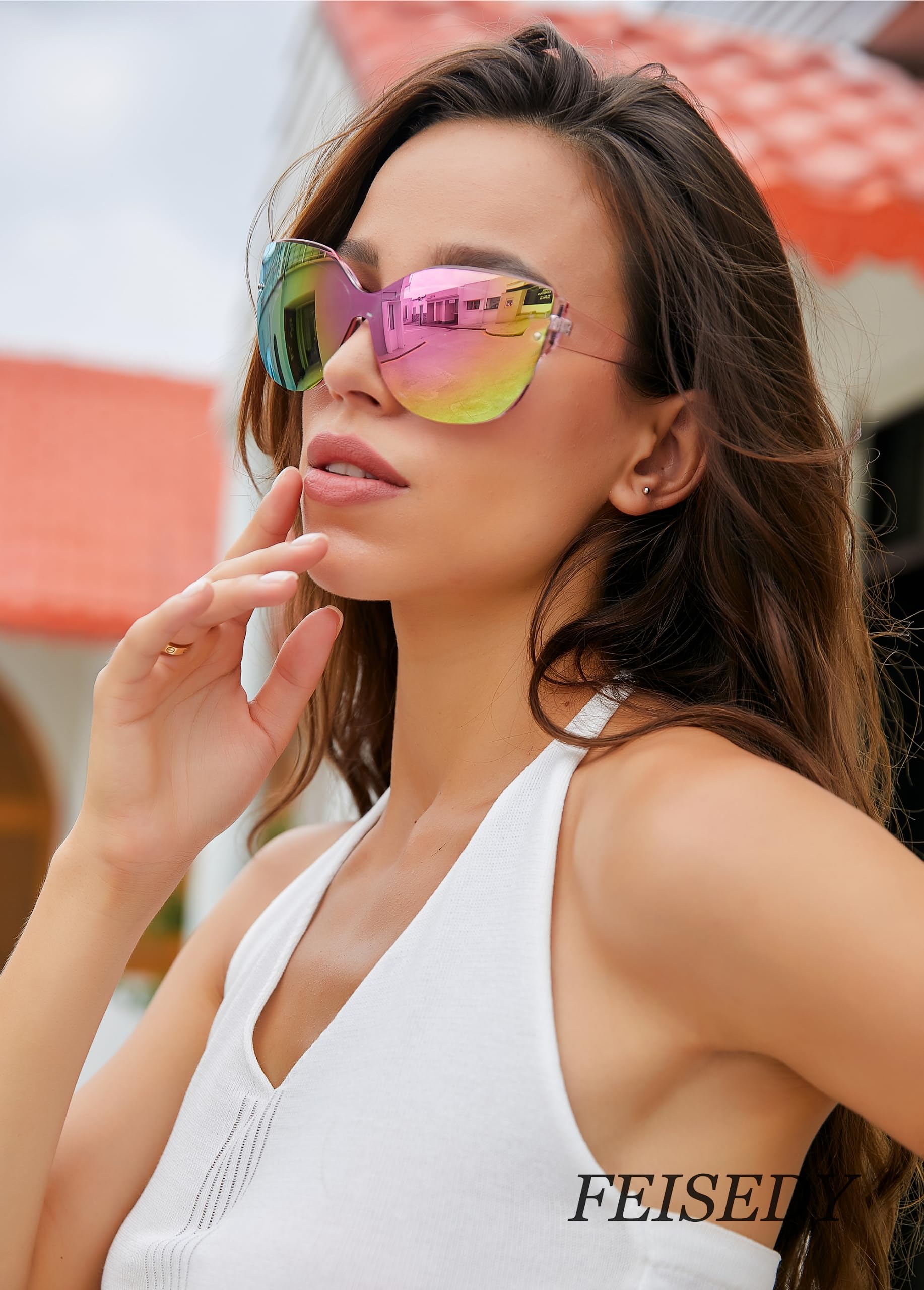 FEISEDY Polarized Cat Eye Sunglasses for Women & Men - Rimless Mirrored Oversized Retro Sunglasses B2796 | UV Protection, Fashion Accessory for Beach, Driving & Outdoor Activities