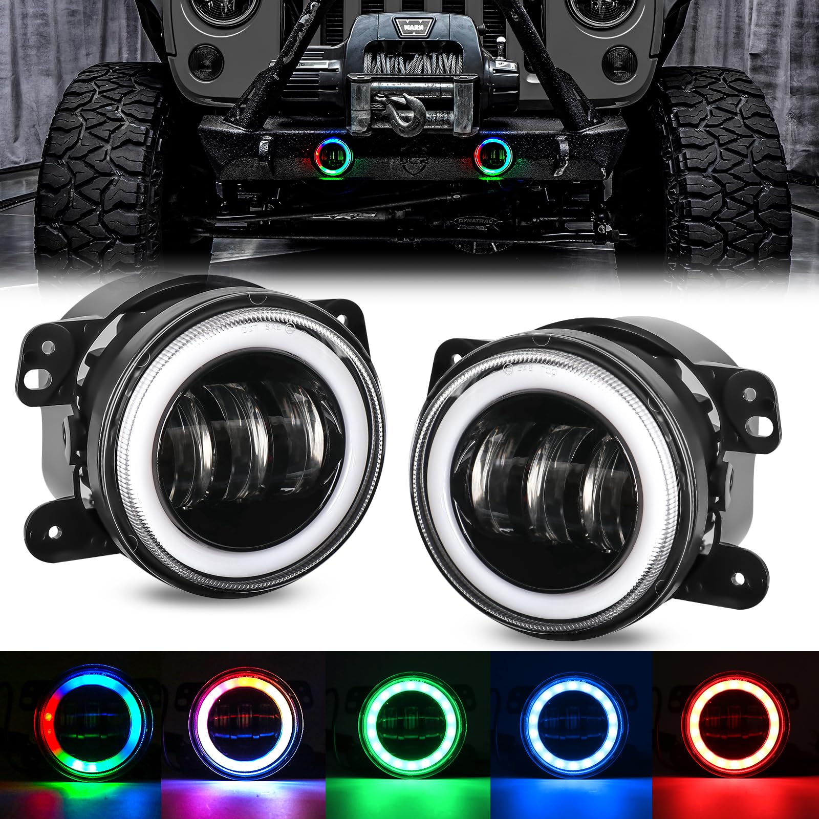 4 Inch RGB LED Fog Lights for Jeep Wrangler JK 2007-2018 | Bluetooth Controlled Halo Fog Lights with Flashing Modes | Off-Road, Night Driving & Custom Car Lighting