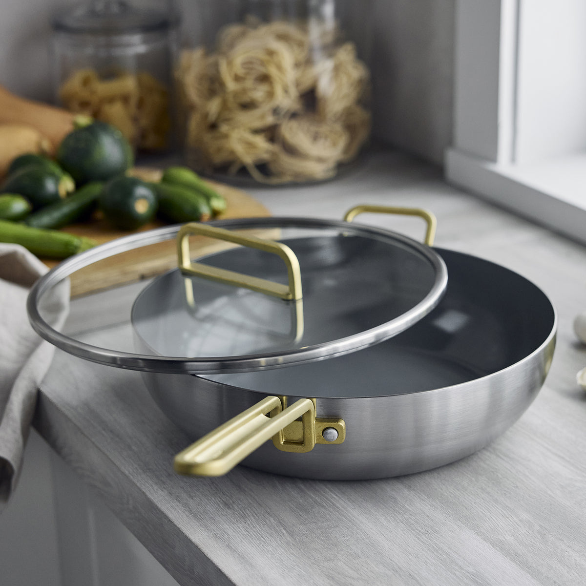 Stanley Tucci™ 6.5 Quart Stainless Steel Ceramic Nonstick Essential Cookware Set with Glass Lid & Champagne Handle - Perfect for Sauteing, Braising & Family Meals