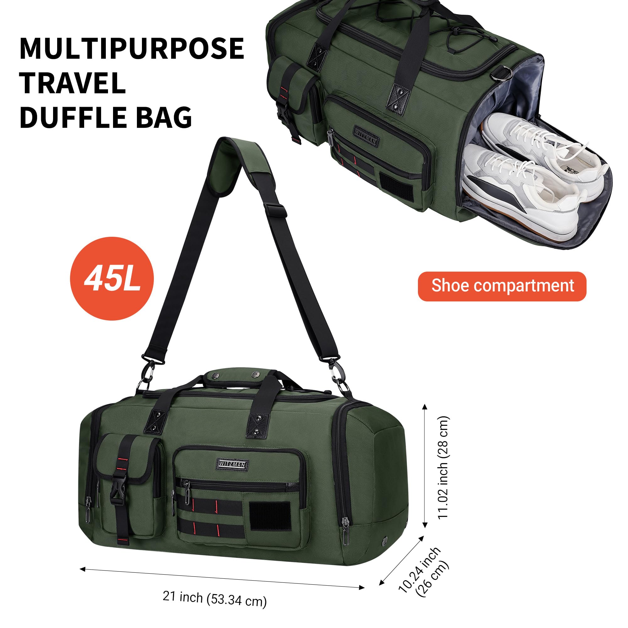 WITZMAN Men's Large Travel Duffel Bag - 3-in-1 Carry On Weekender Overnight Bag with Shoe Compartment (Army Green B693) | Perfect for Gym, Business Trips & Weekend Getaways
