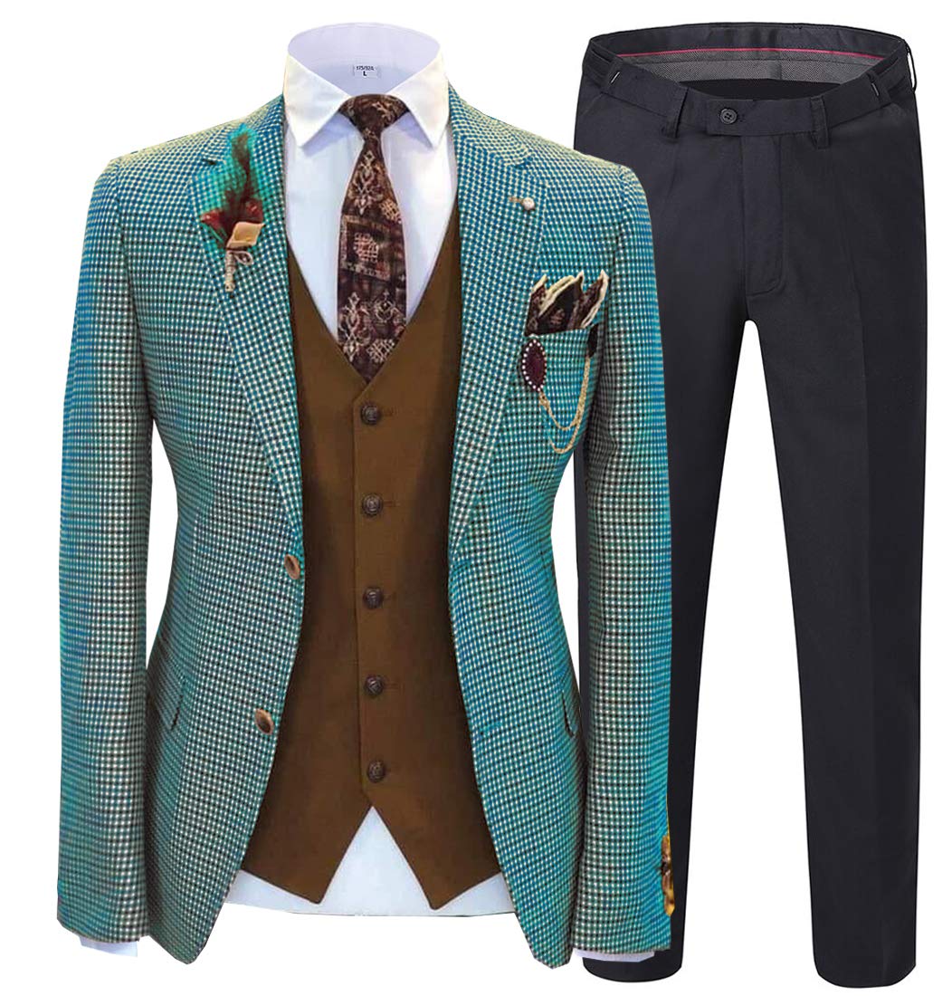 Men's 3-Piece Slim Fit Plaid Suit Set - Classic Tuxedo Blazer, Vest & Pants for Wedding, Groomsmen & Formal Events - Perfect for Business, Parties & Special Occasions