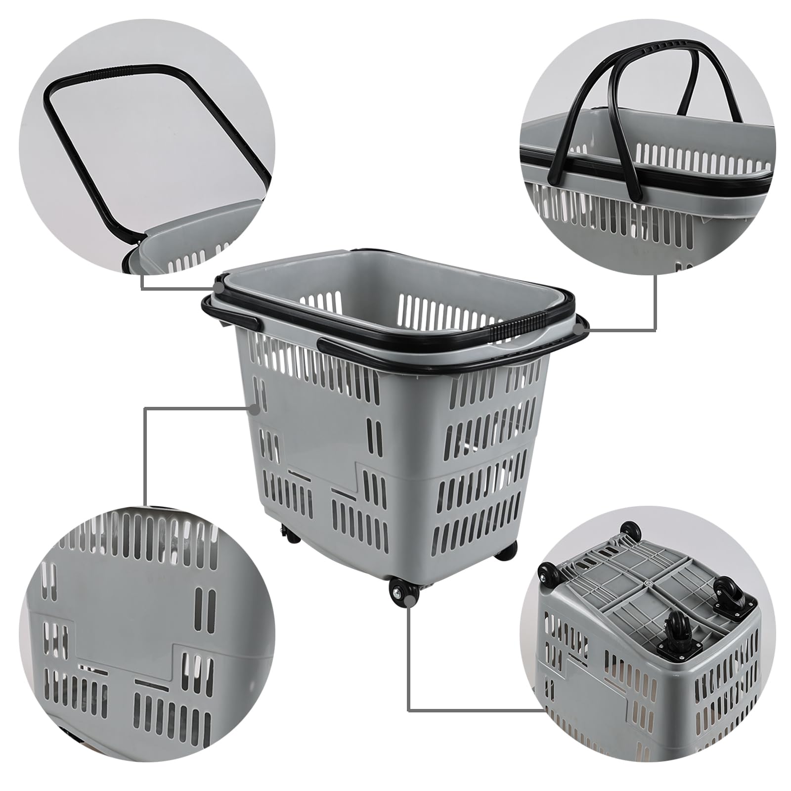 4 Pack 50L Rolling Shopping Basket with Wheels & Handles - Durable Plastic Grocery Cart for Supermarket, Warehouse, Retail Store - Grey (Ideal for Shopping, Storage & Home Organization)