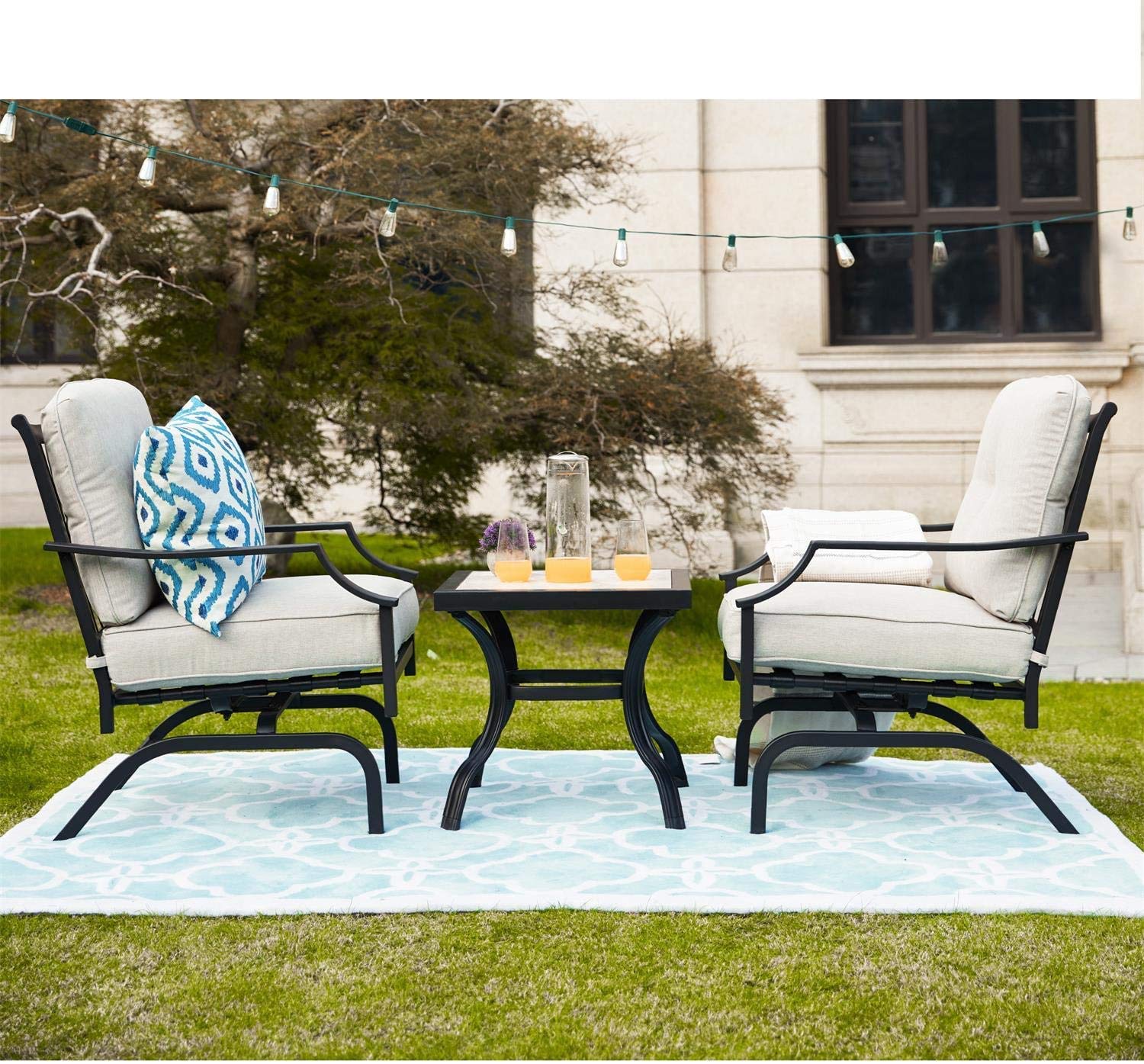 PatioFestival Outdoor Rocking Bistro Bar Stools - Metal Frame Patio Furniture Set with 2 Rocking Chairs & Coffee Table (Beige) - Perfect for Garden, Deck, Porch & Backyard Relaxation