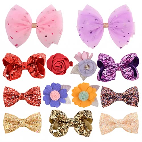 14 PCS Spring Bow Clips for Baby Girls - Glitter Flower Hair Bows & Alligator Clips | Cute Toddler Hair Accessories for Kids | Perfect for Parties, Photos & Daily Wear