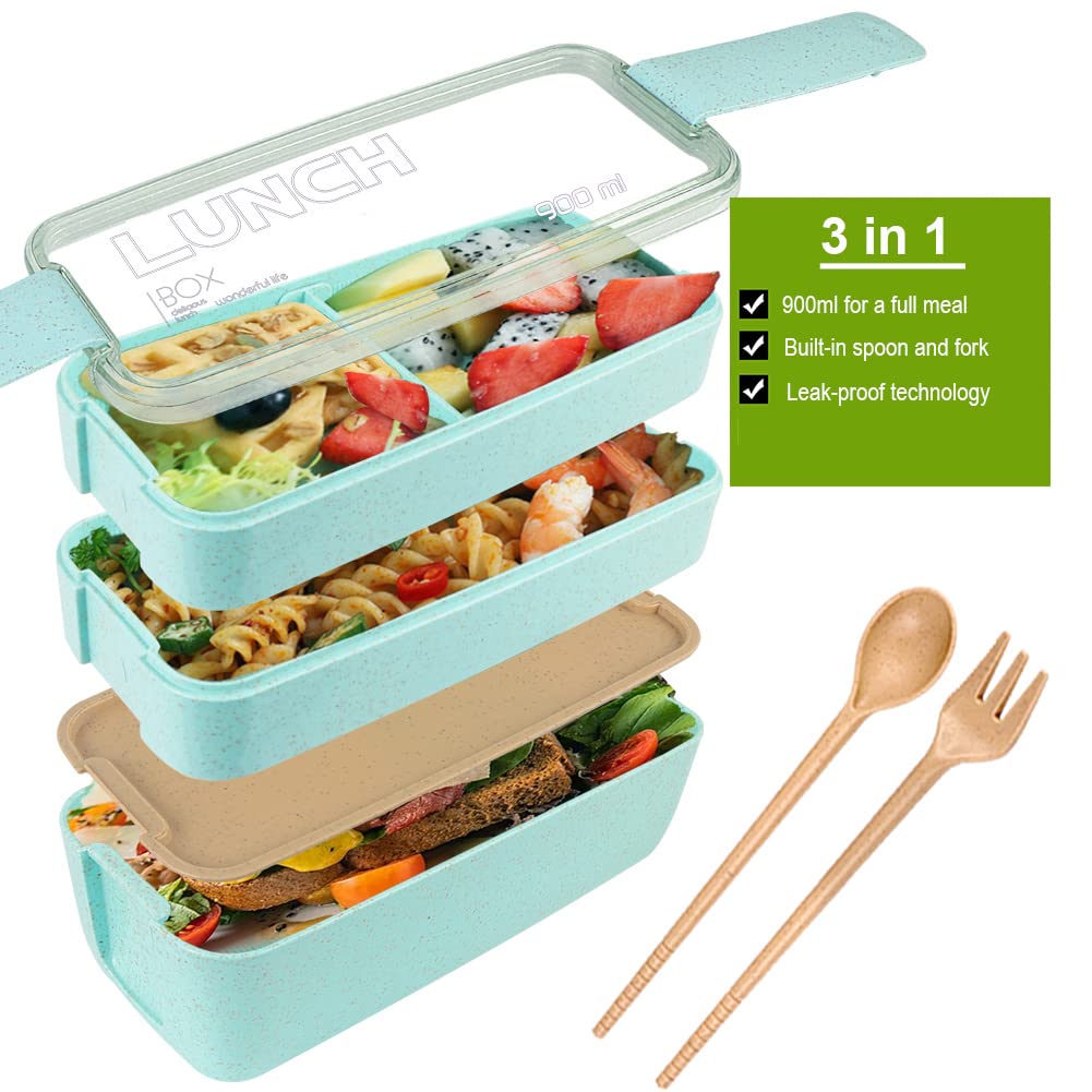**Eco-Friendly 3-in-1 Wheat Straw Bento Box - Leakproof & Stackable Lunch Container for Adults & Kids | Perfect for Meal Prep, Office, School & Picnics**
