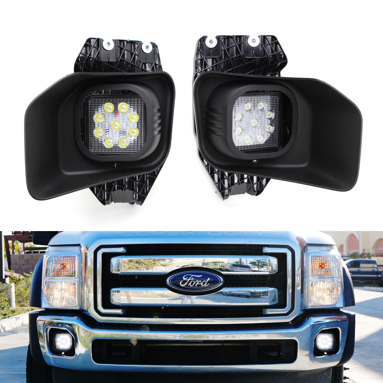 27W LED Fog Lights with Bezels, Brackets & Wiring Kit for 2011-2016 Ford F250 F350 F450 Super Duty Trucks - Durable Off-Road Lighting for Foggy Conditions & Night Driving