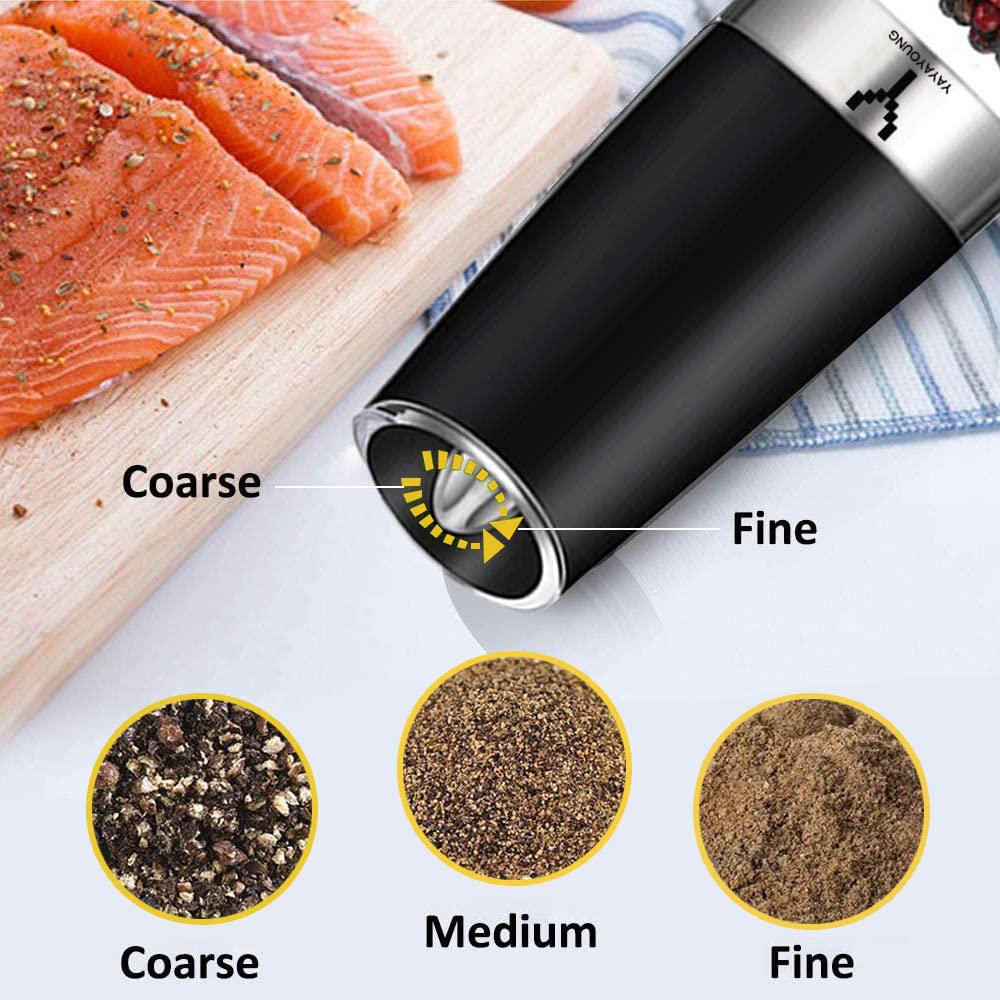 Premium Electric Salt and Pepper Grinder Set - Automatic Gravity Spice Mill with Adjustable Coarseness & Blue LED Light - Rechargeable Battery Operated - Perfect for Kitchen, Dining Table, Camping, and Gifts