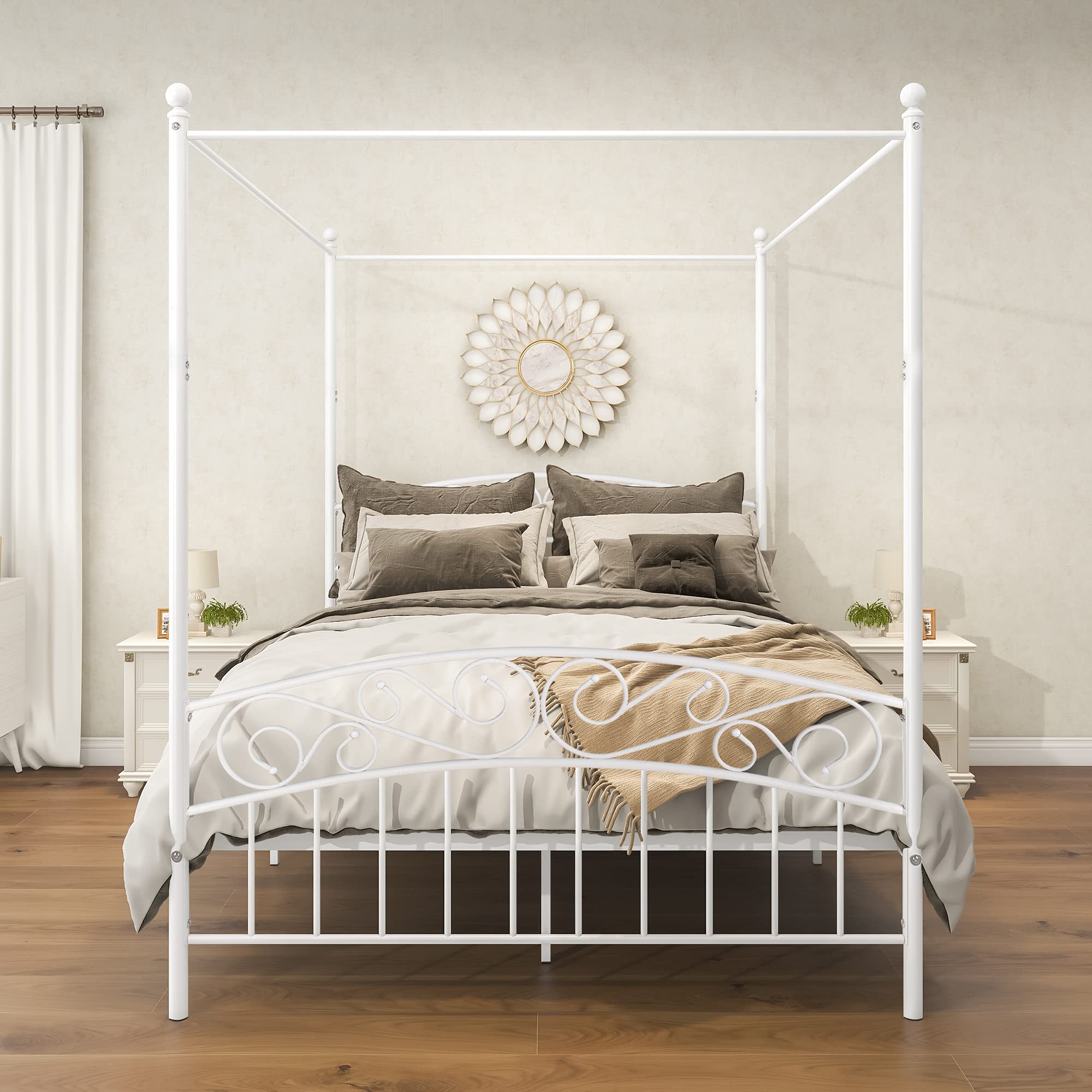 Vintage Style 4-Post Metal Canopy Bed Frame Queen Size - Elegant Bedroom Decor for Master Suite, Guest Room & Romantic Retreat