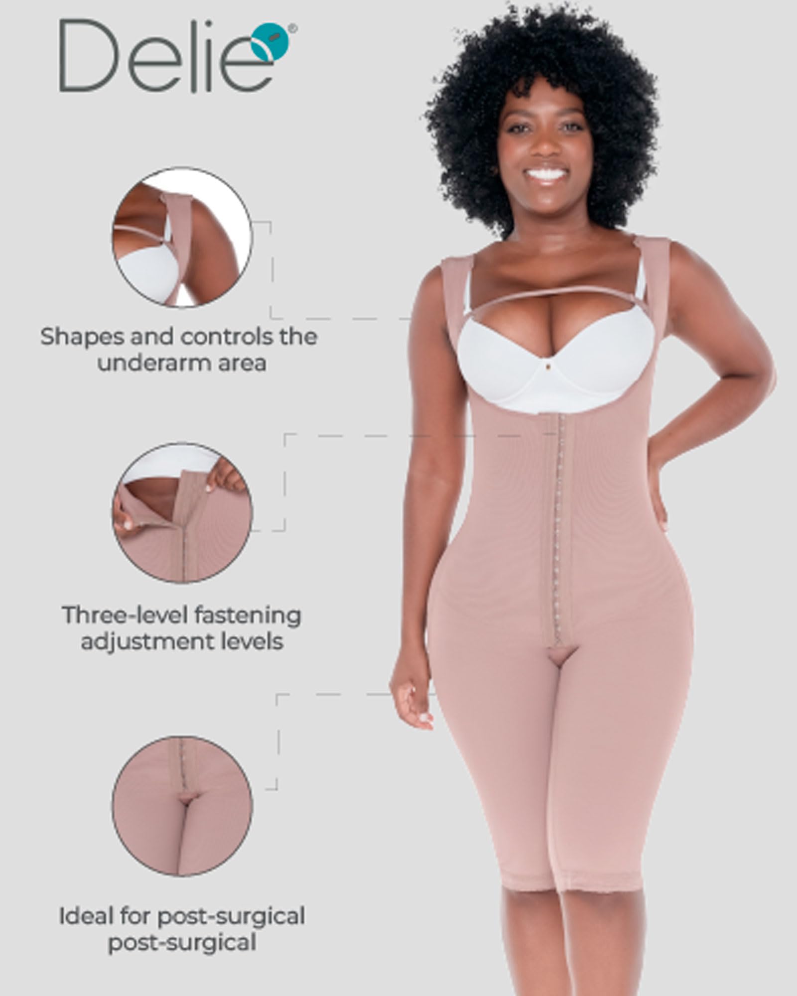 DELIE Colombian Shapewear for Women - High Compression Knee-Length Girdle with 3 Hook Rows | Butt Lifting Fajas Moldeadoras | Tummy Control & Body Shaper for Postpartum, Weight Loss & Everyday Wear