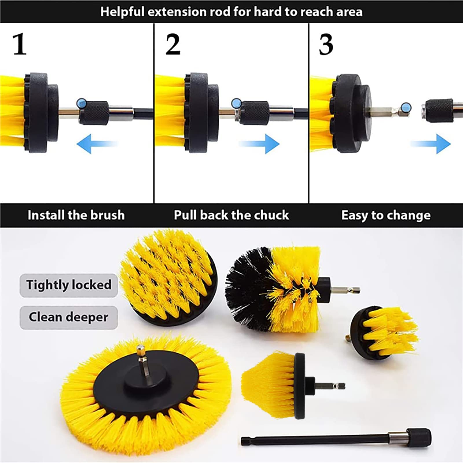 Sayutie 7-Piece Drill Brush Attachment Set - Power Scrubber Cleaning Brushes for Grout, Tile, Floor, Tub & Shower - Multi-Surface Scrubber for Bathroom, Kitchen & Household Cleaning (Yellow) - Perfect for Deep Cleaning Stains, Grime & Soap Scum