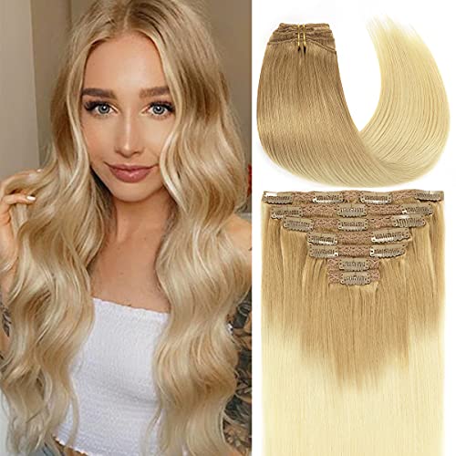 Caliee Remy Human Hair Extensions Clip-In 20inch T12-60 Ombre – Seamless Double Weft Invisible Thick Ends, Natural Straight 140g for Daily Styling & Special Occasions