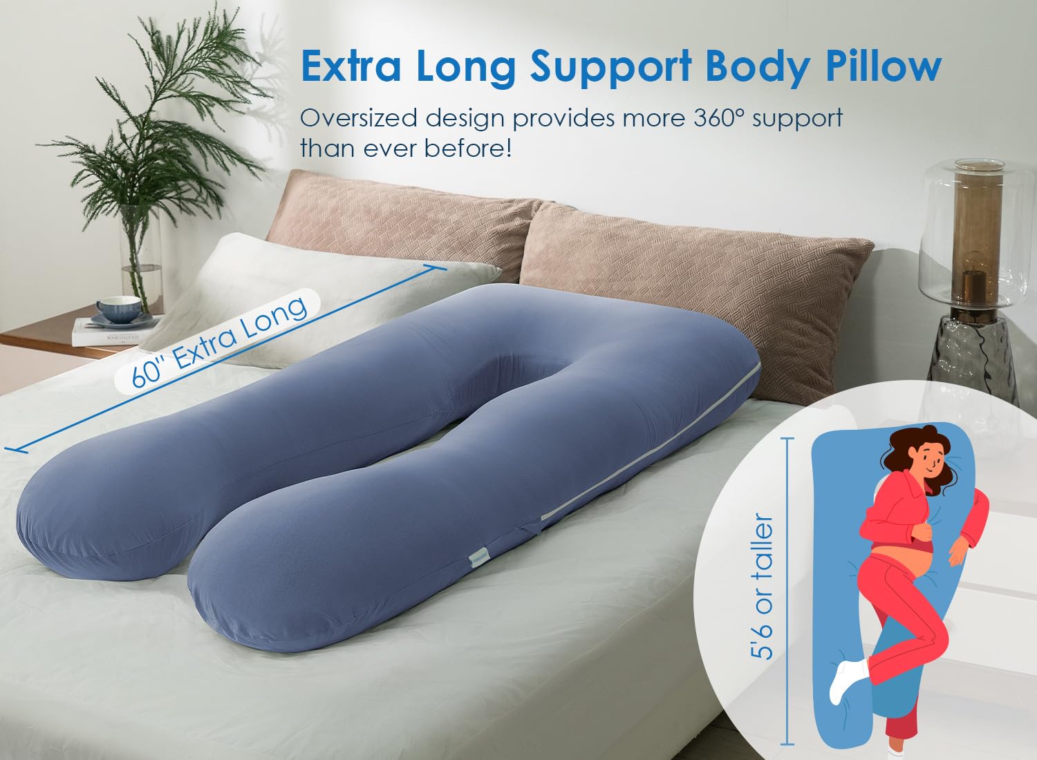 QUEEN ROSE Extra Long Cooling U-Shaped Pregnancy Pillow for Sleeping - Maternity Body Support for Pregnant Women & Adults with Soft Silky Cover (Blue) | Perfect for Back Pain Relief, Side Sleepers & Comfort During Pregnancy