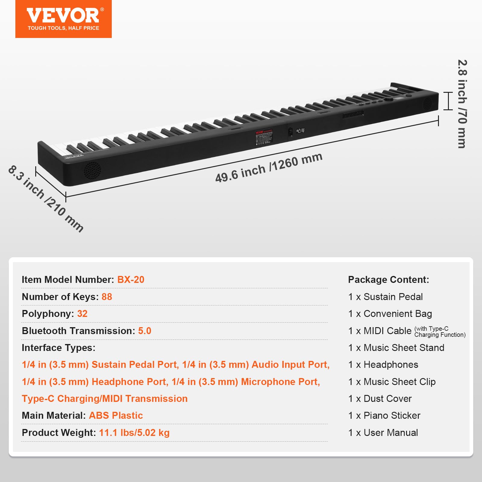VEVOR 88-Key Portable Digital Piano with Bluetooth, MIDI, Touch Sensitive Keys, Sustain Pedal & Carry Bag - Rechargeable Foldable Keyboard for Beginners, Teens & Adults (Black, BX-20) - Perfect for Home Practice, Music Lessons & Travel Performances