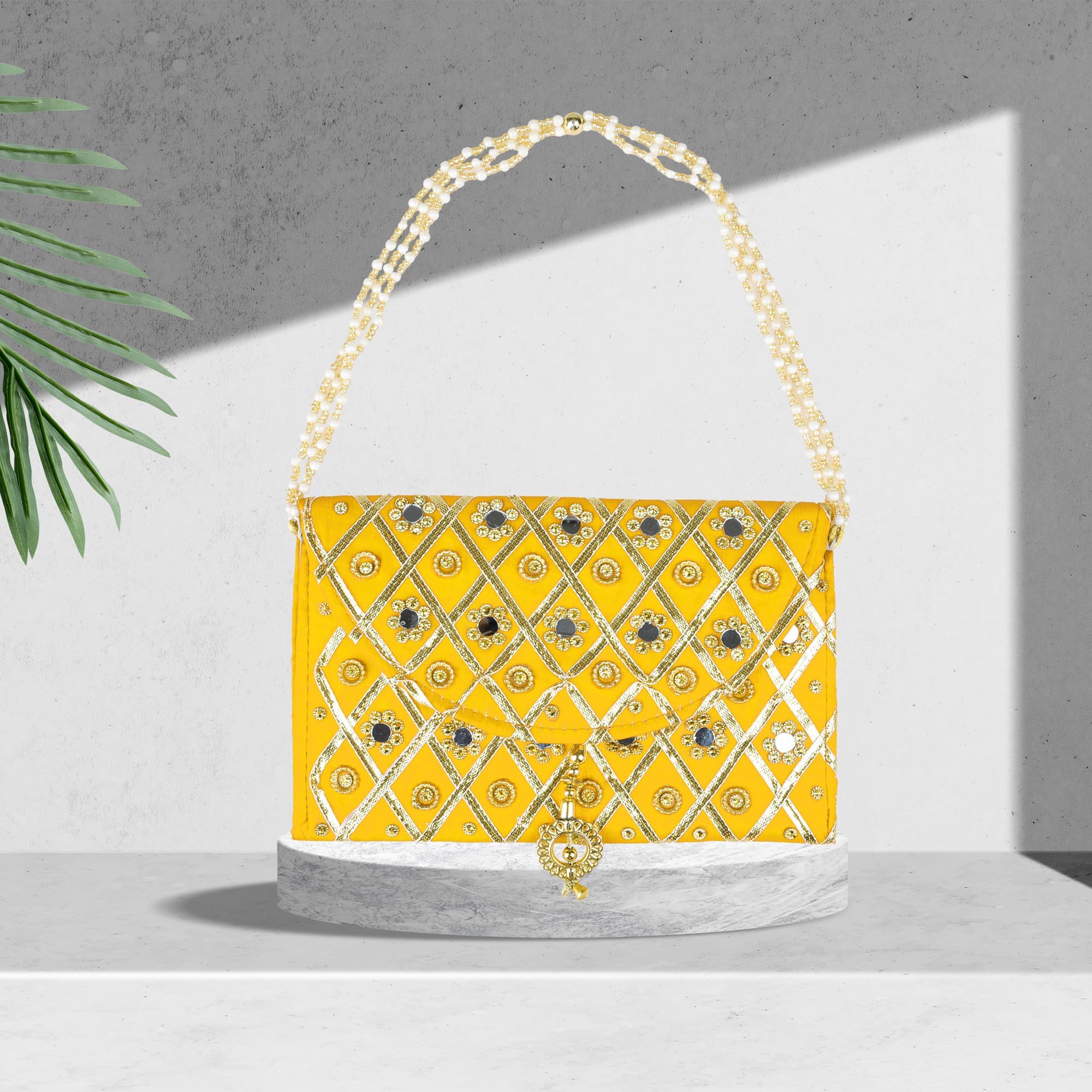 Kuber Industries Women's Clutch Purse with Handle - Traditional Shagun Purse for Baby Shower, Wedding & Gift Giving - Yellow Mirror Check Design - Perfect for Parties, Ceremonies & Special Occasions