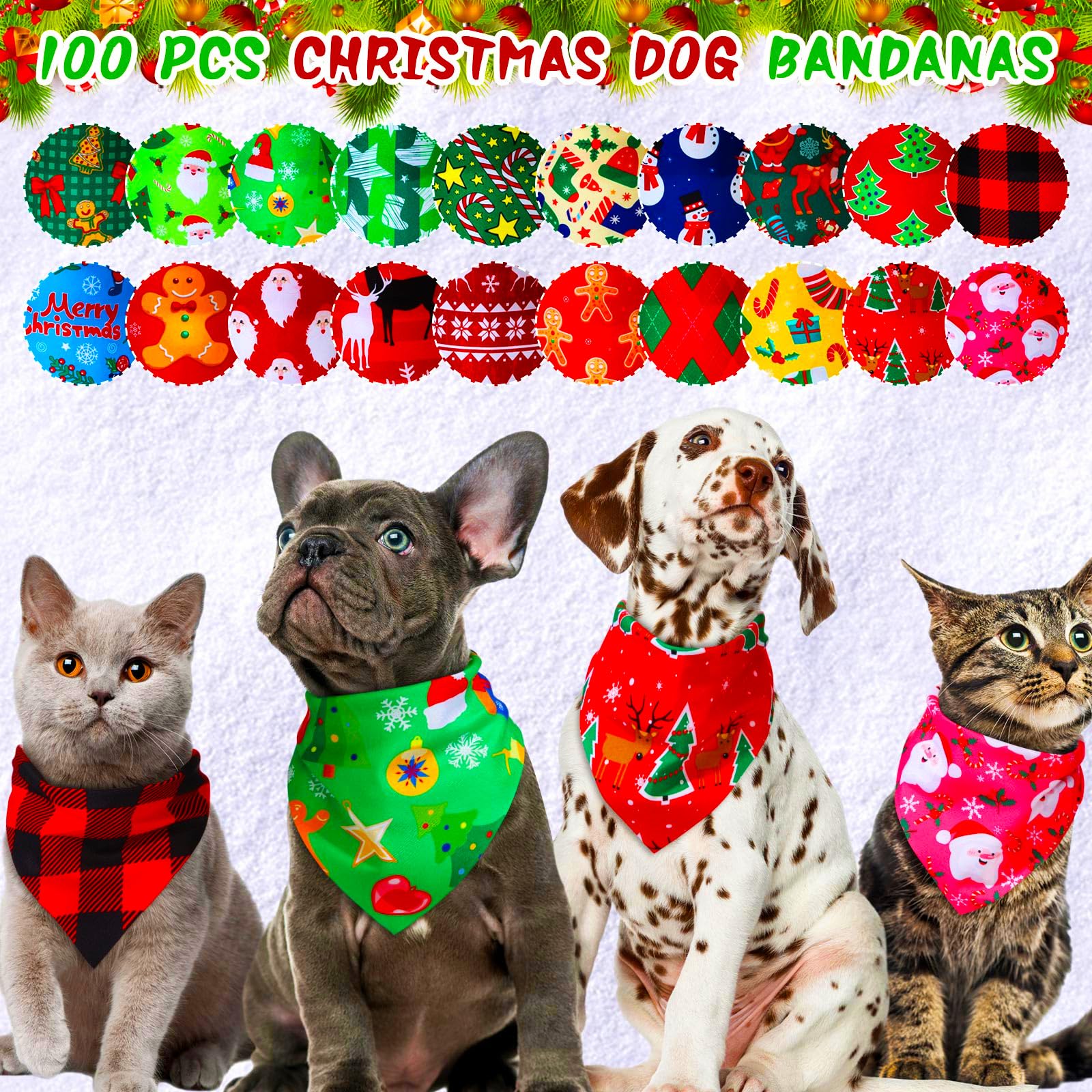 100 Pcs Christmas Dog Bandanas Bulk – Adjustable Santa Claus, Gingerbread Man & Deer Pattern Pet Bibs – Festive Triangle Scarf for Small & Medium Dogs – Perfect for Holiday Photos, Parties & Gifts