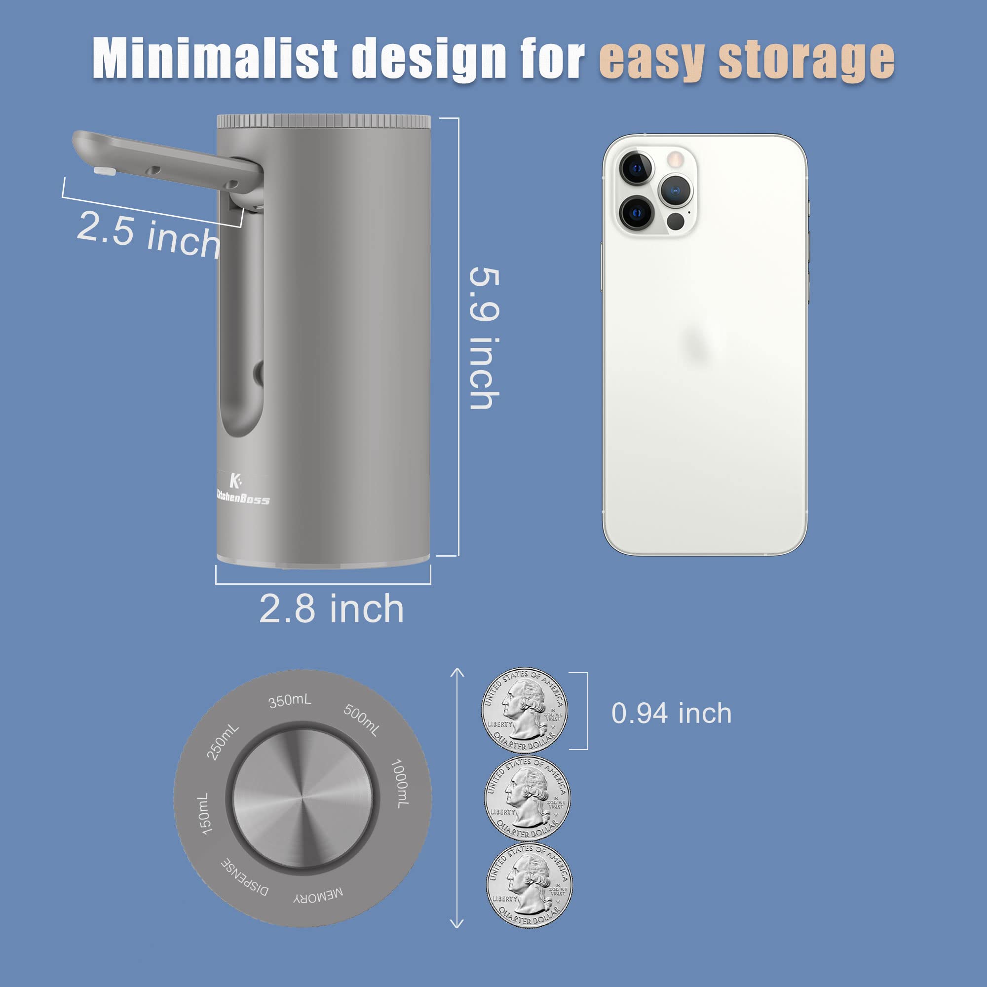 Universal 5-Gallon Water Bottle Pump Dispenser - Electric USB Charging, Foldable & Portable for Home, Office, Camping - KitchenBoss Automatic Drinking Water Switch (Silver) - Perfect for Kitchen Counter, RV Trips, and Outdoor Adventures