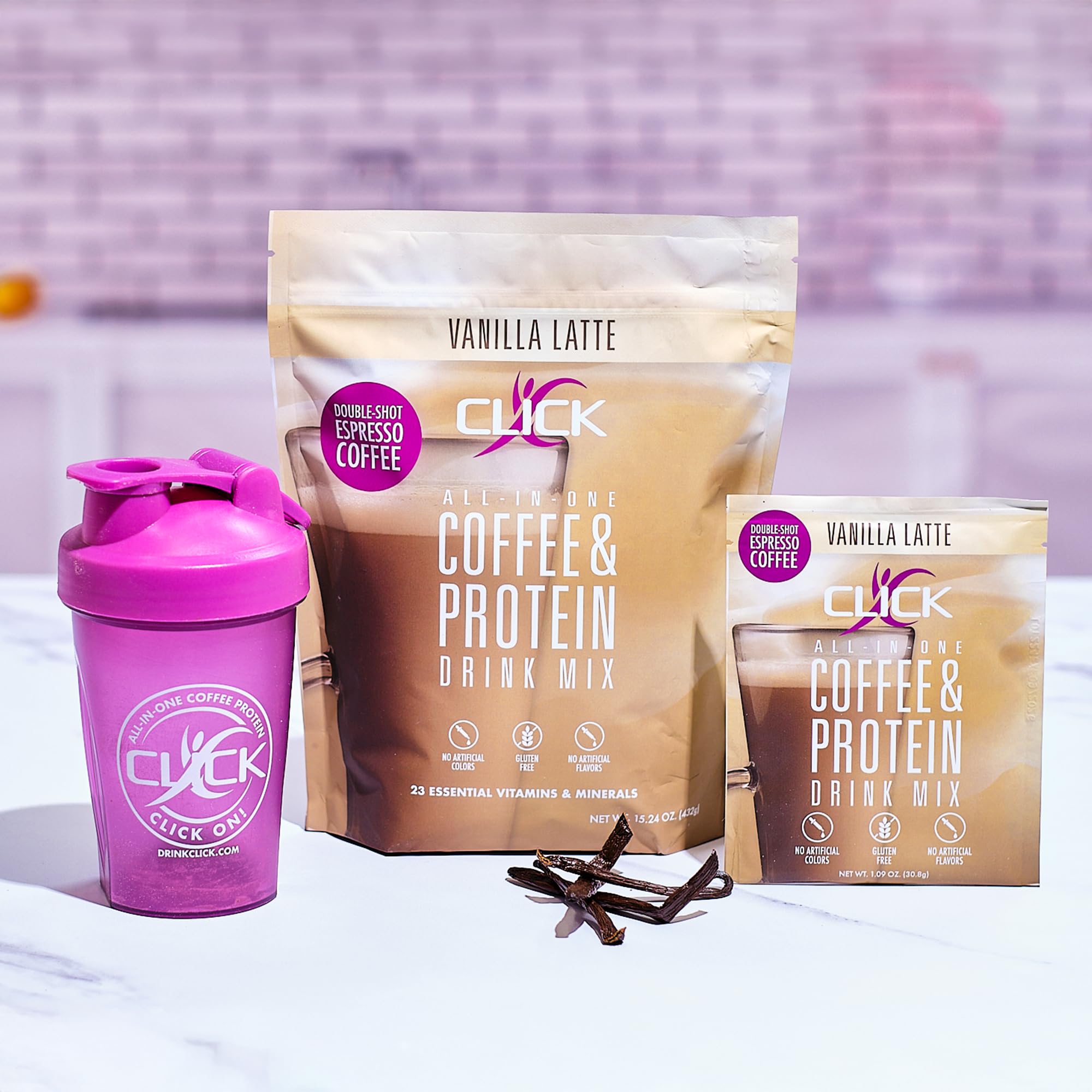 Click Coffee Protein Powder - Double Shot Espresso with 16g Protein & 23 Vitamins | Low Calorie Meal Replacement Shake | 150mg Caffeine, Gluten Free, No Artificial Flavors | Vanilla Flavor | Perfect for Post-Workout Recovery & Busy Mornings
