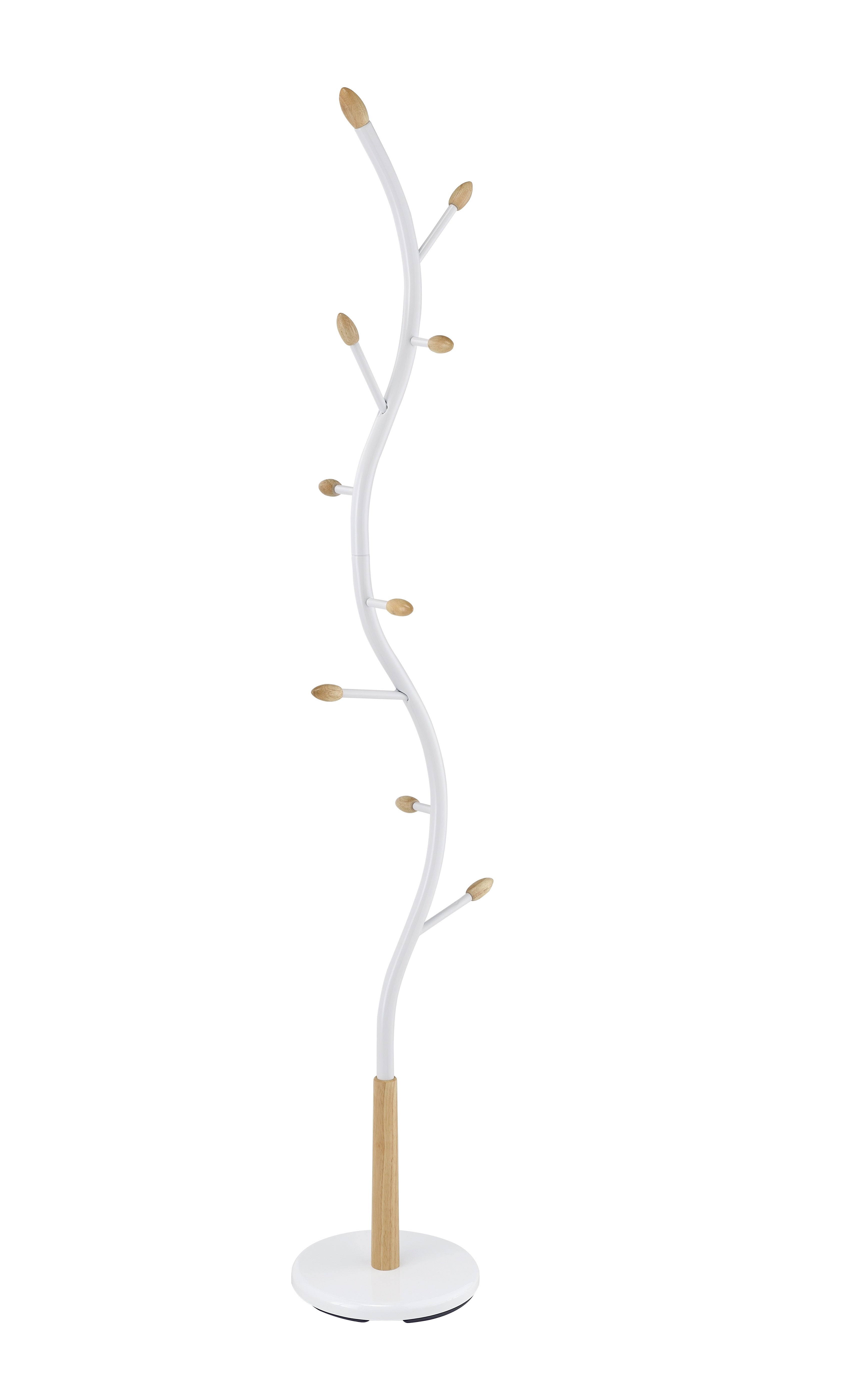 Roundhill Furniture Arles Metal Standing Coat Rack - White & Oak Finish | Freestanding Entryway Organizer for Hats, Jackets & Umbrellas | Perfect for Home, Office or Dorm Room Decor