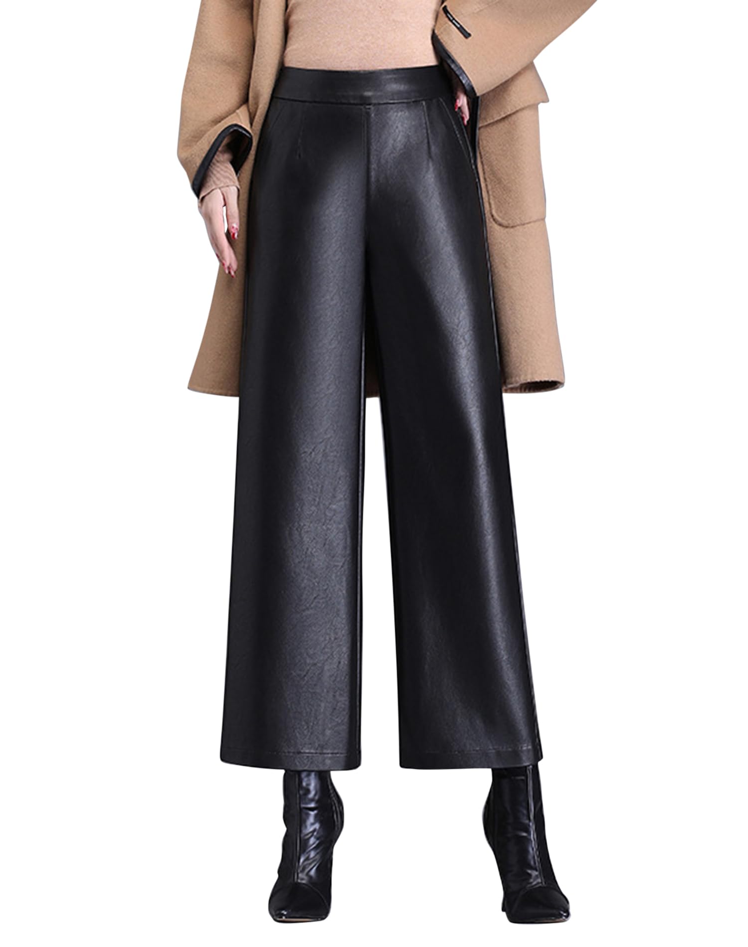 Lucrosun Women's High Waist Stretchy Wide Leg Faux Leather Palazzo Pants - Comfortable & Stylish for Work, Party & Casual Wear