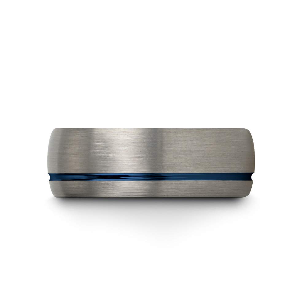 8mm Tungsten Carbide Wedding Band Ring for Men & Women - Blue Black Offset Line, Dome Grey Exterior, Brushed & Polished Finish - Custom Engraved Anniversary & Engagement Ring - Perfect for Weddings, Proposals & Special Occasions