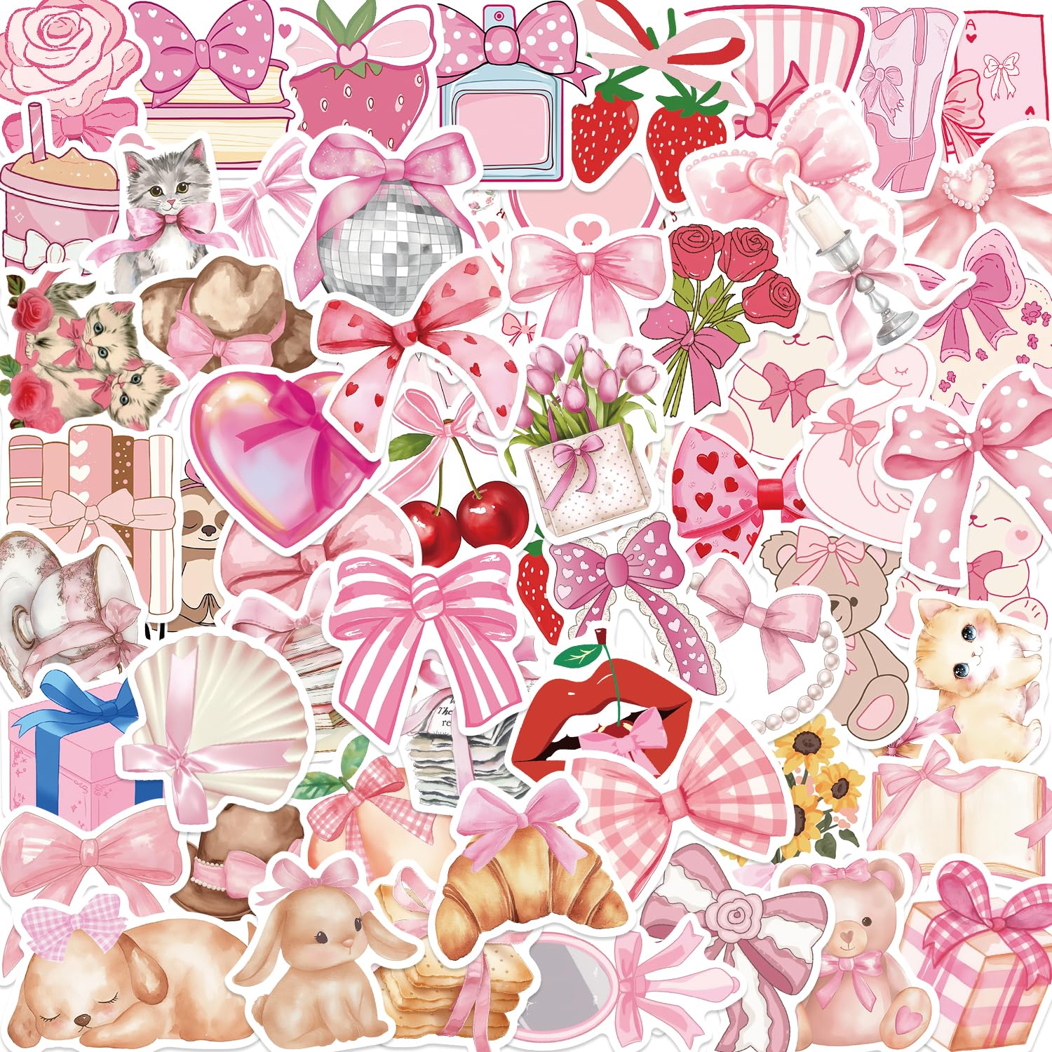 100PCS Pink Aesthetic Stickers Pack - Cute Bow Tie Coquette Stickers for Girls, Waterproof Vinyl Decals for Laptop, Phone, Notebook & Scrapbooking - Kawaii Room Decor & DIY Craft Supplies