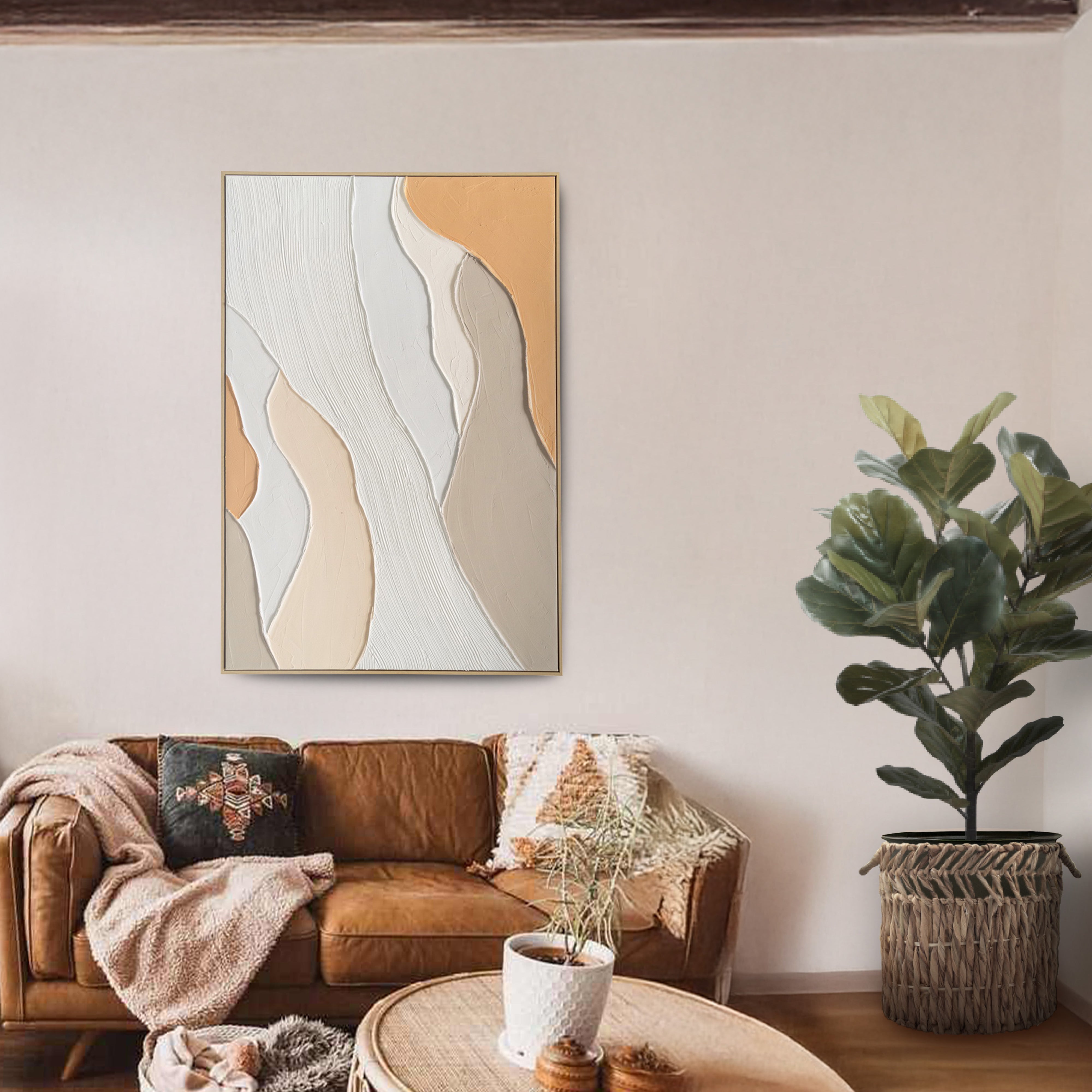 Urban Style Textured Apricot Waves Oil Painting Brushstrokes - Handmade Wall Art for Living Room, Bedroom & Office Decor